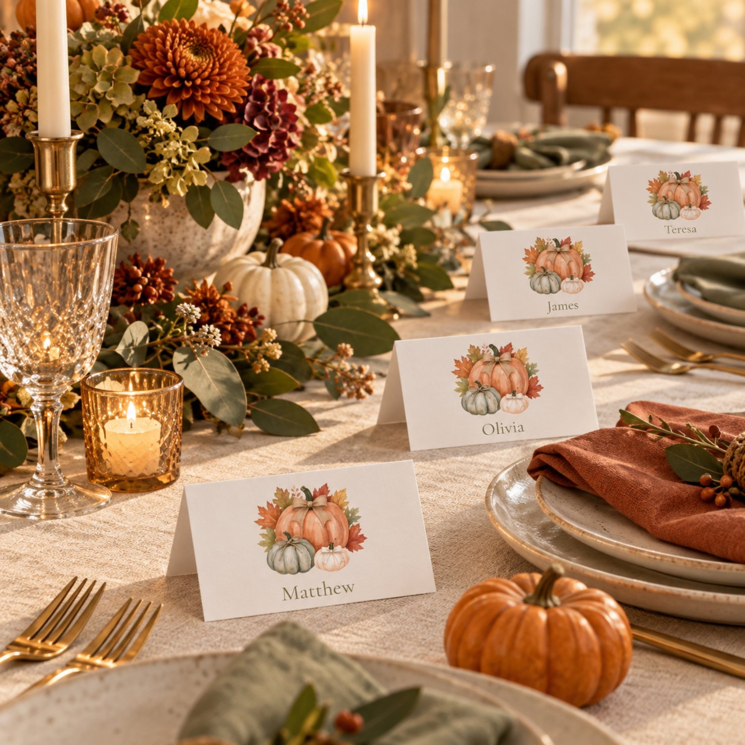 Editable fall place card templates featuring watercolor orange, sage and cream pumpkins with rustic bows and autumn leaves. Includes printable flat and folded tent name cards for Thanksgiving dinners, Friendsgiving and fall celebrations.