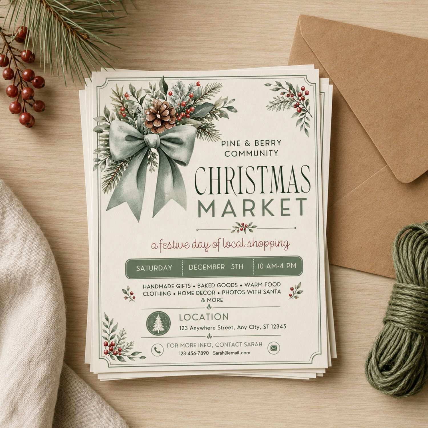 A cream-colored flyer for a Christmas Market.  The design features a large sage green bow, pine branches, and red berries. It lists event details and contact info. Edit in Canva.
