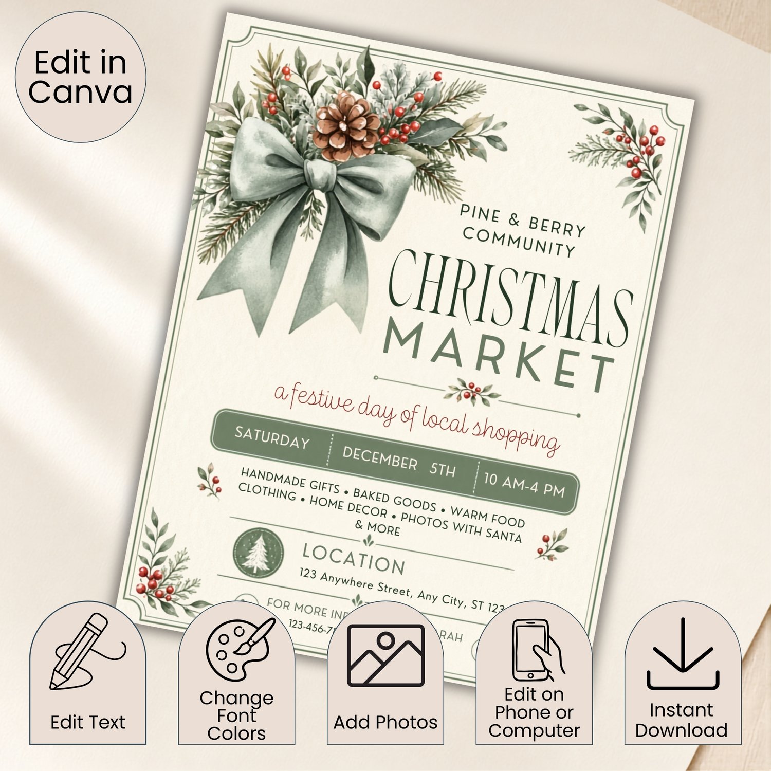 A cream-colored flyer for a Christmas Market.  The design features a large sage green bow, pine branches, and red berries. It lists event details and contact info. Edit in Canva.