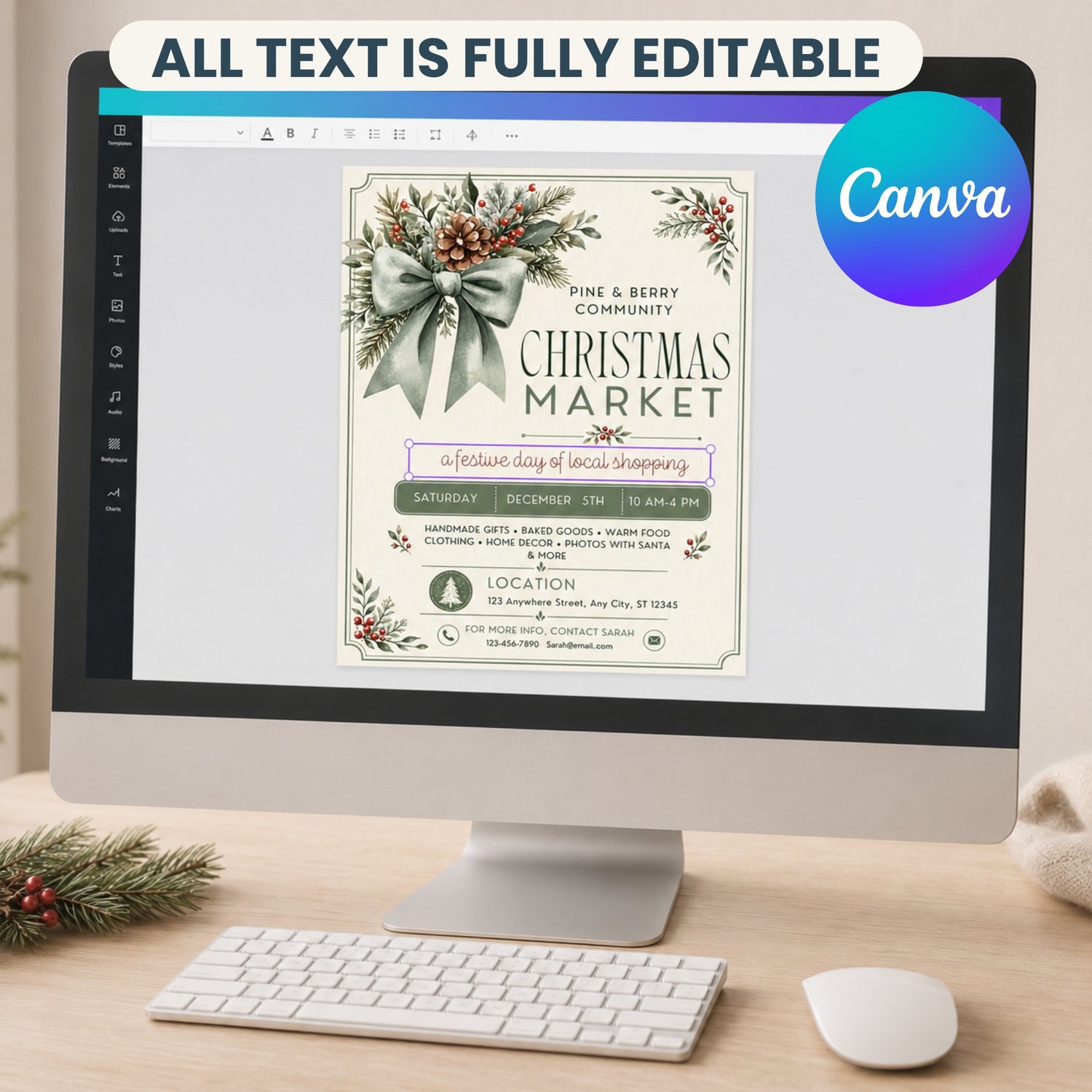 A cream-colored flyer for a Christmas Market.  The design features a large sage green bow, pine branches, and red berries. It lists event details and contact info. Edit in Canva.