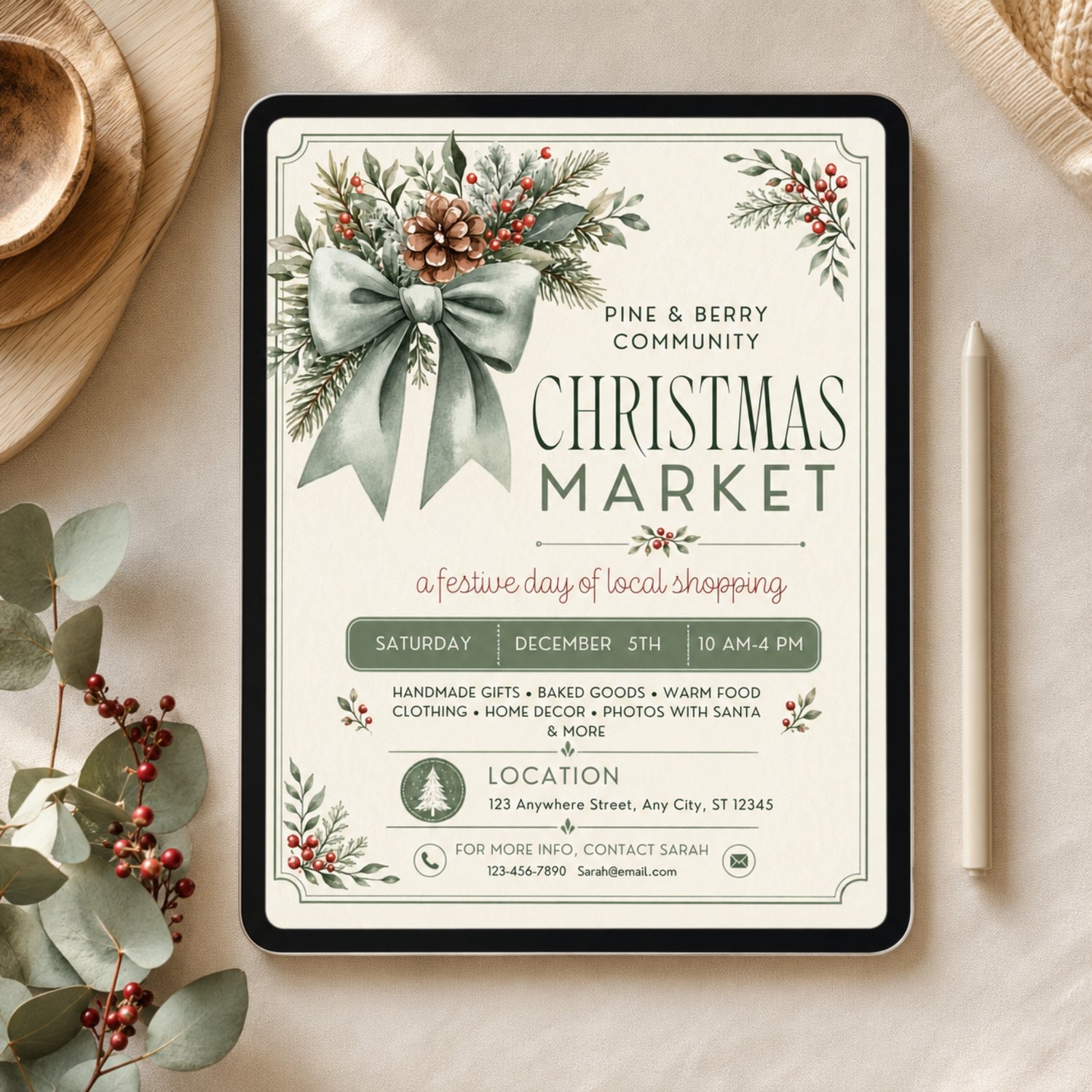 A cream-colored flyer for a Christmas Market.  The design features a large sage green bow, pine branches, and red berries. It lists event details and contact info. Edit in Canva.