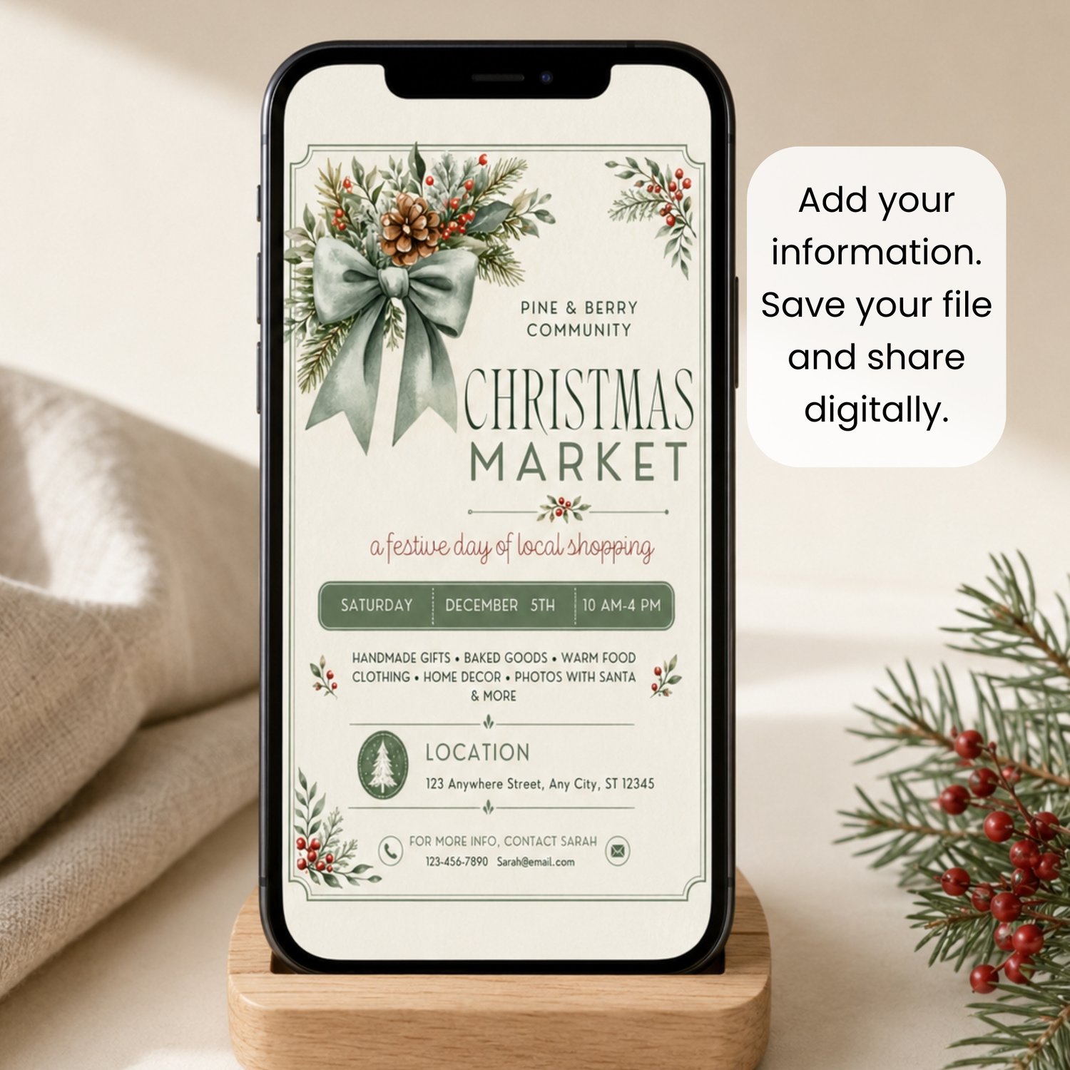 A cream-colored flyer for a Christmas Market.  The design features a large sage green bow, pine branches, and red berries. It lists event details and contact info. Edit in Canva.