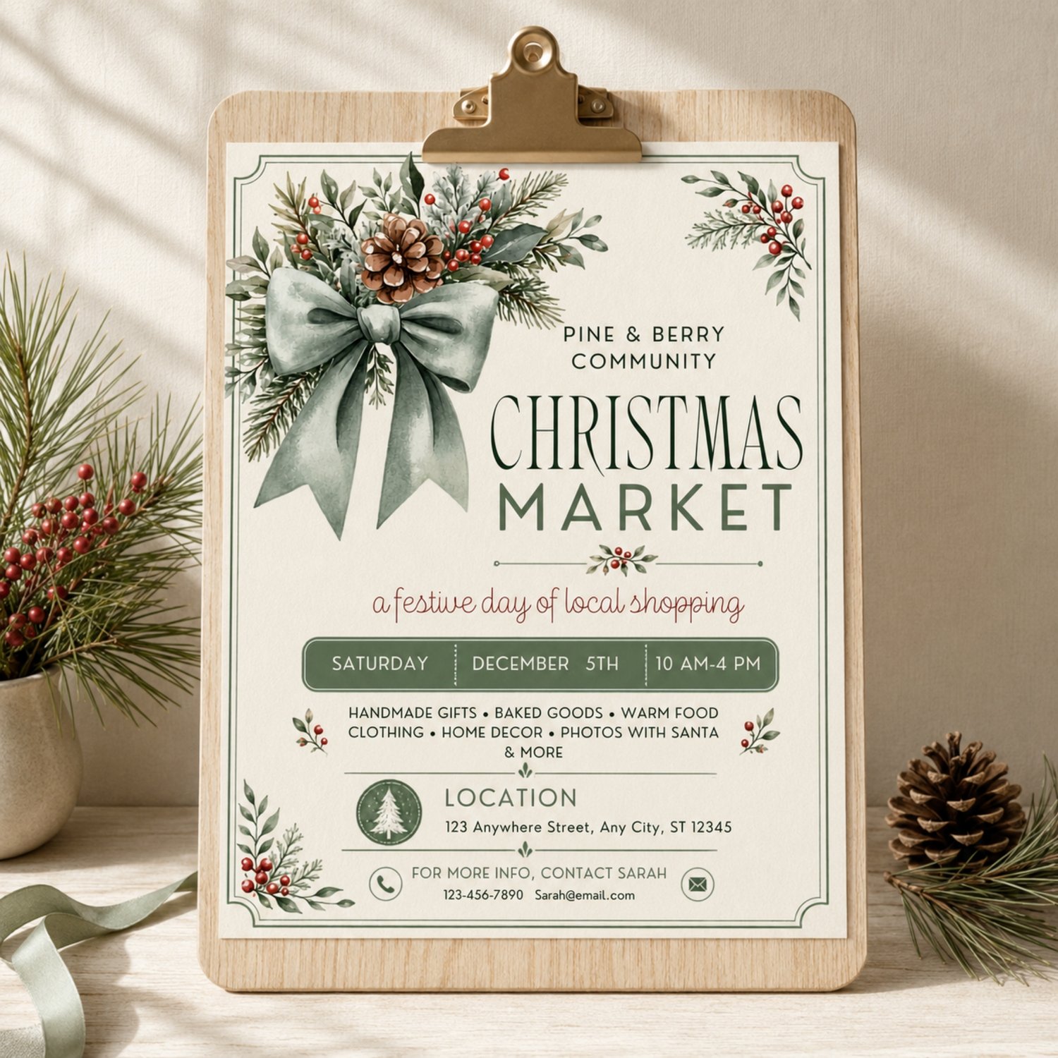 A cream-colored flyer for a Christmas Market.  The design features a large sage green bow, pine branches, and red berries. It lists event details and contact info. Edit in Canva.