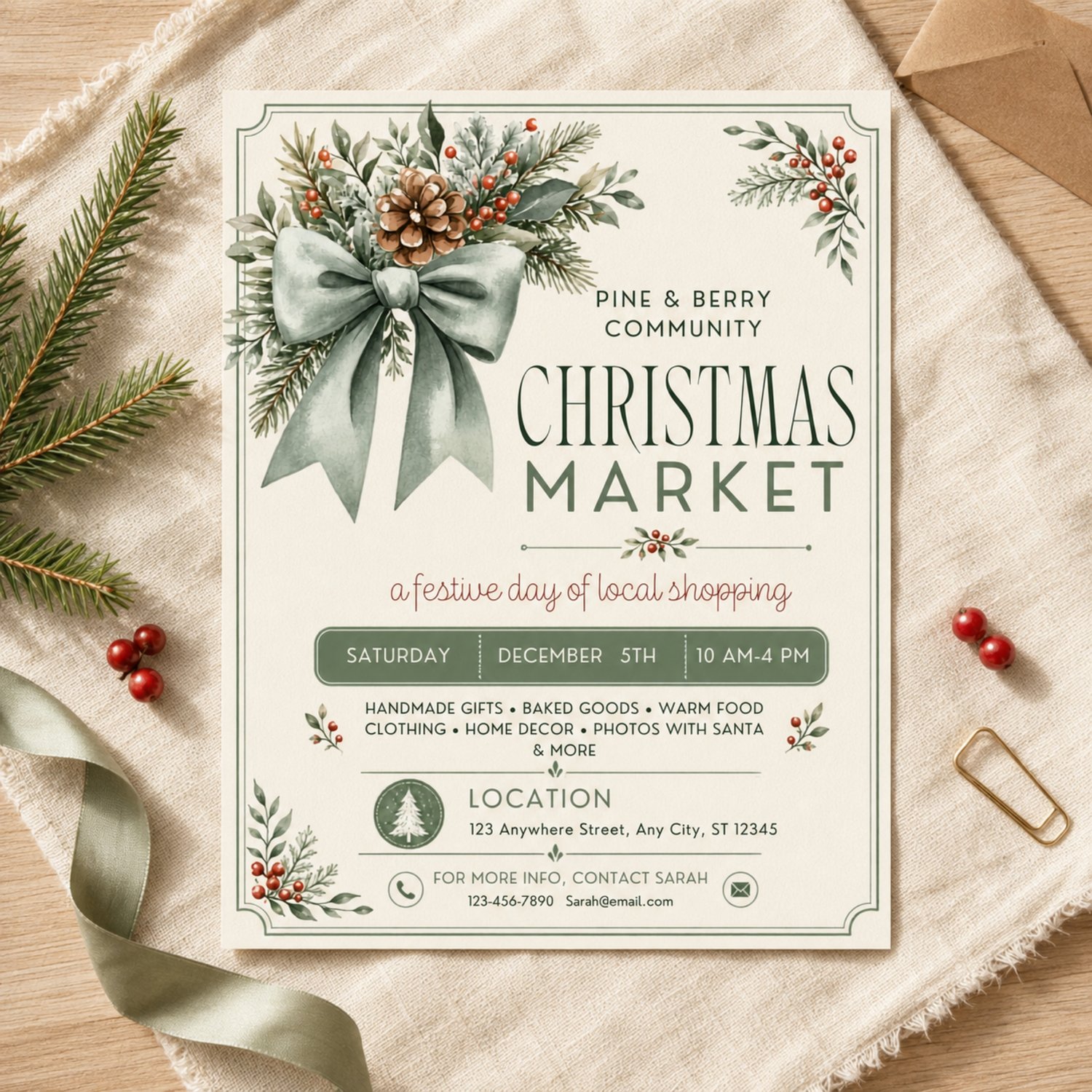 A cream-colored flyer for a Christmas Market.  The design features a large sage green bow, pine branches, and red berries. It lists event details and contact info. Edit in Canva.