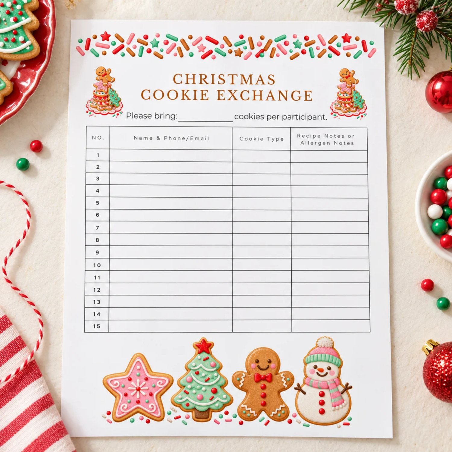 Christmas Cookie Exchange sign up sheet with colorful sprinkles and illustrated star, tree, gingerbread and snowman cookies. Portrait US Letter page has 15 rows for names, contact details, cookie types and recipe or allergen notes.