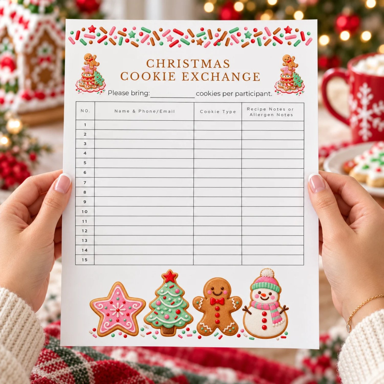 Christmas Cookie Exchange sign up sheet with colorful sprinkles and illustrated star, tree, gingerbread and snowman cookies. Portrait US Letter page has 15 rows for names, contact details, cookie types and recipe or allergen notes.