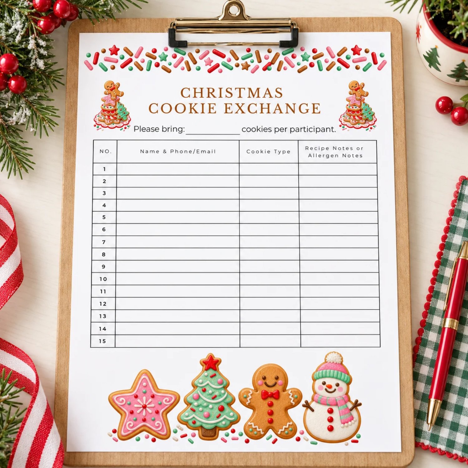 Christmas Cookie Exchange sign up sheet with colorful sprinkles and illustrated star, tree, gingerbread and snowman cookies. Portrait US Letter page has 15 rows for names, contact details, cookie types and recipe or allergen notes.