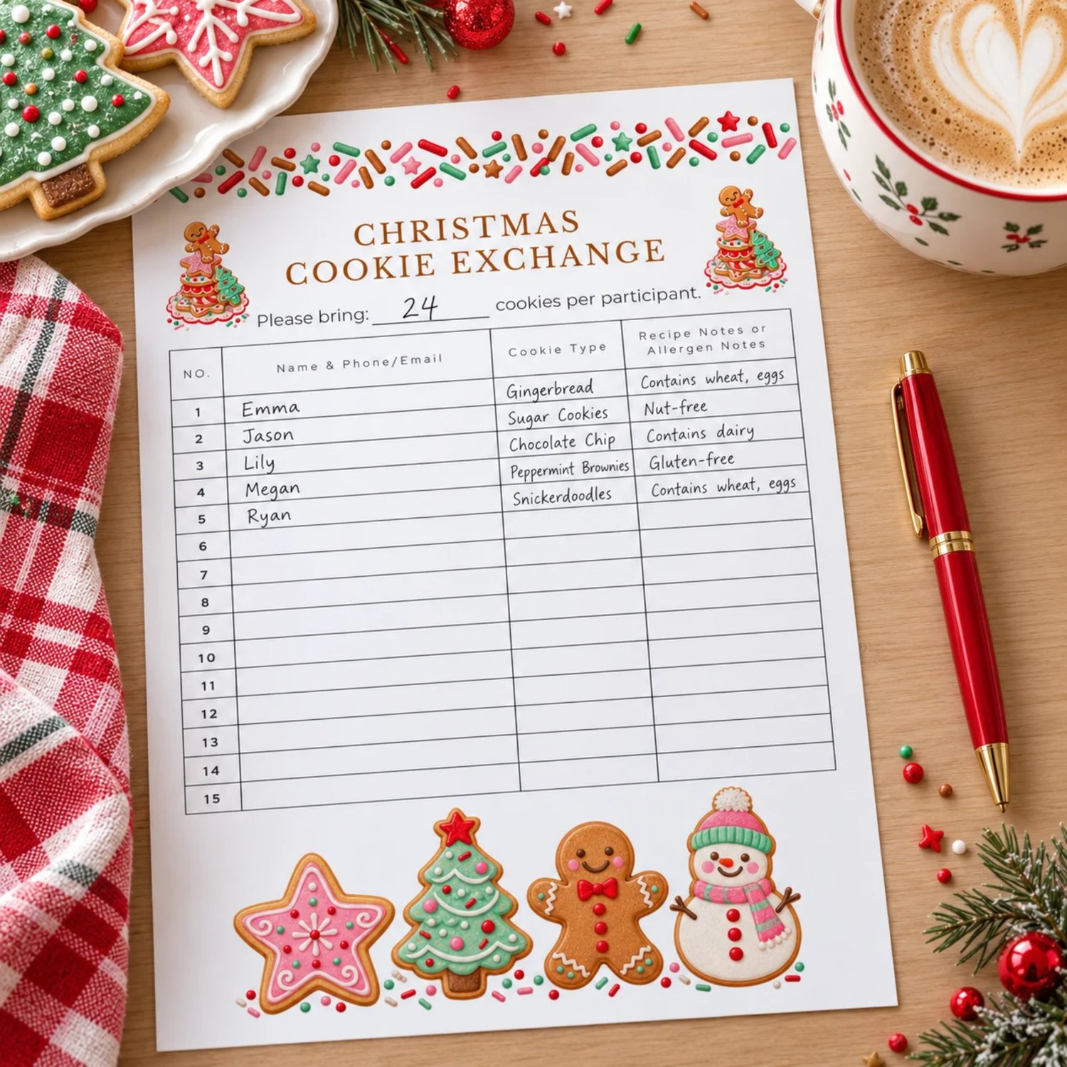 Christmas Cookie Exchange sign up sheet with colorful sprinkles and illustrated star, tree, gingerbread and snowman cookies. Portrait US Letter page has 15 rows for names, contact details, cookie types and recipe or allergen notes.