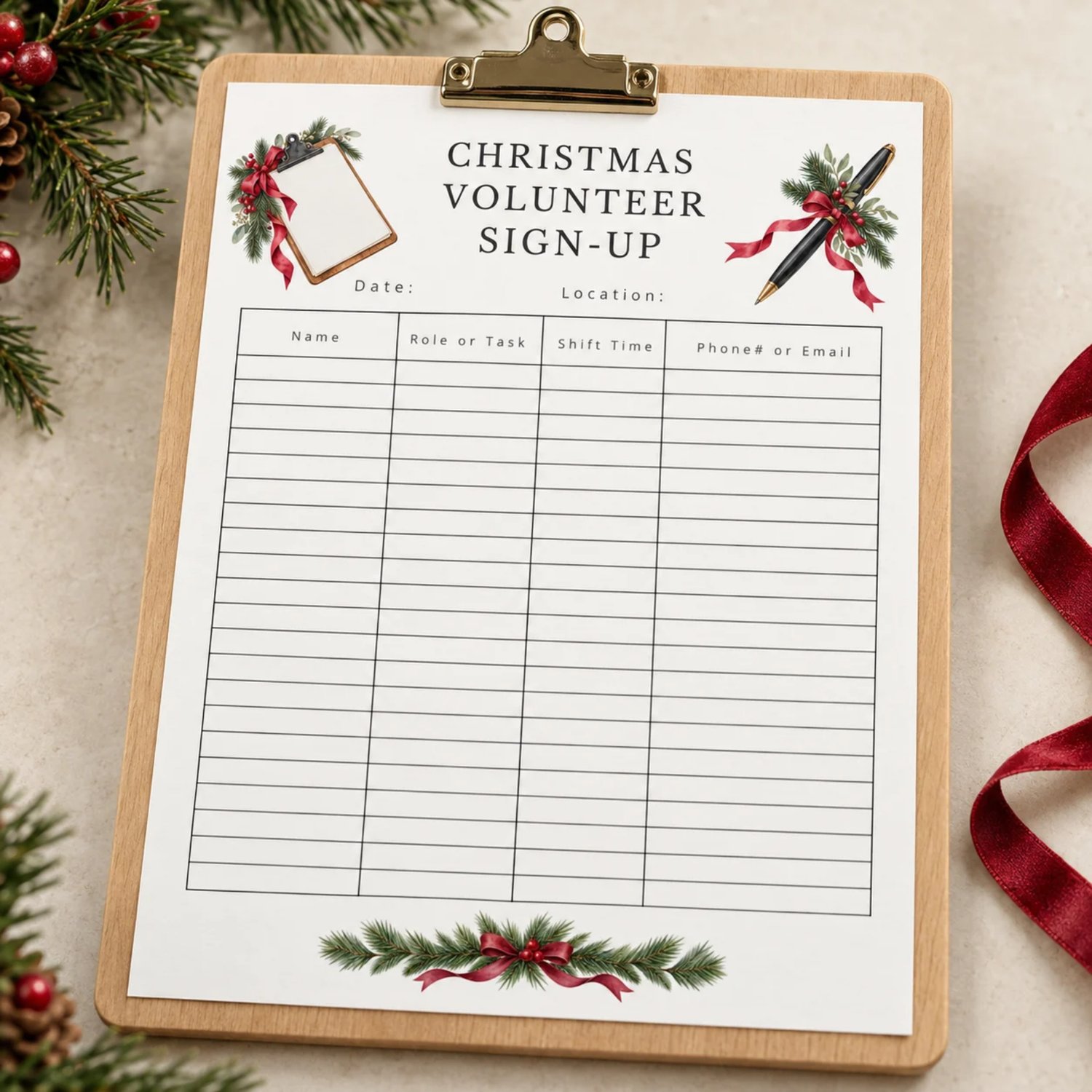 Portrait Christmas volunteer signup sheet with evergreen sprigs, red berries and ribbon, clipboard and pen illustrations, date and location spaces, and columns for name, role or task, shift time, and phone number or email.