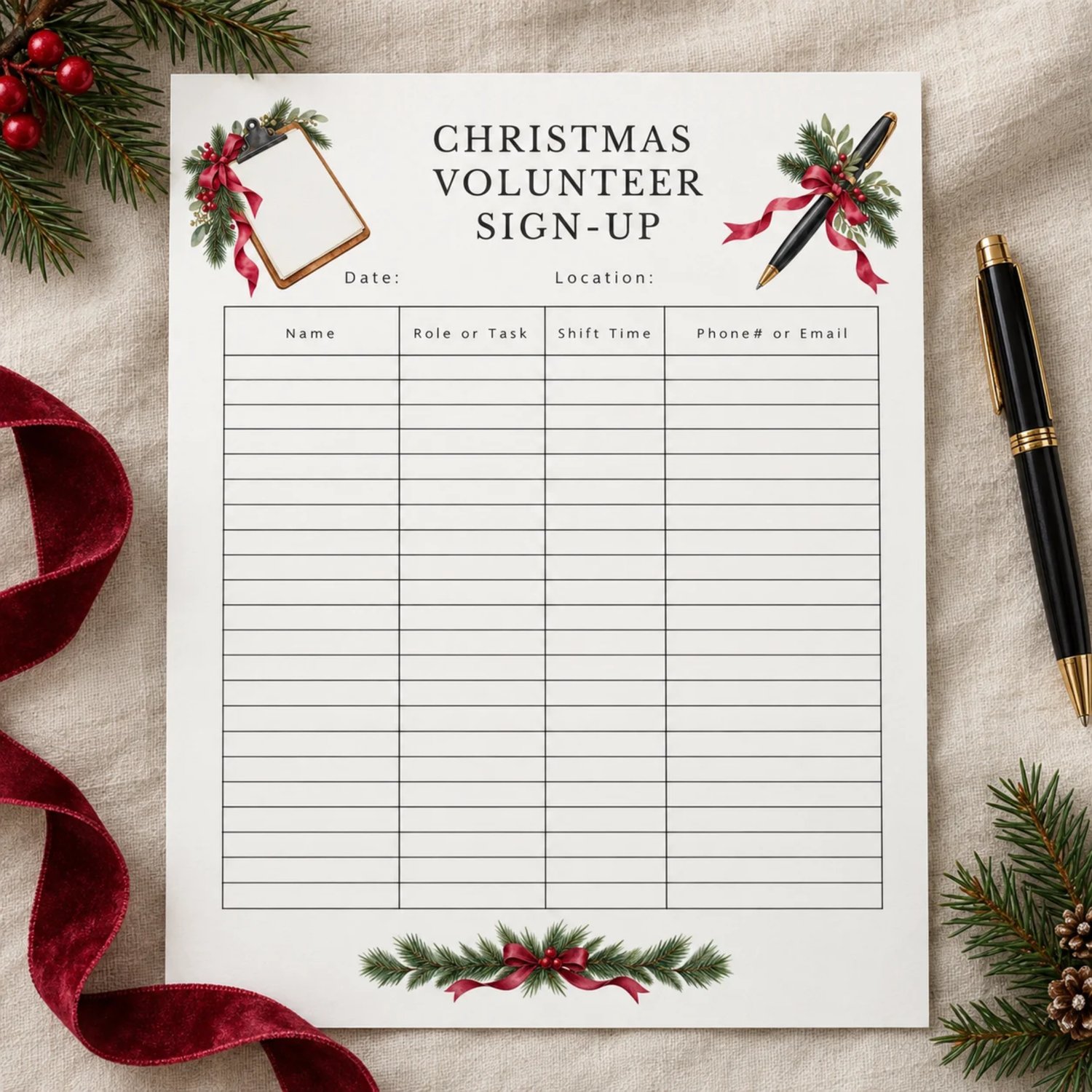 Portrait Christmas volunteer signup sheet with evergreen sprigs, red berries and ribbon, clipboard and pen illustrations, date and location spaces, and columns for name, role or task, shift time, and phone number or email.