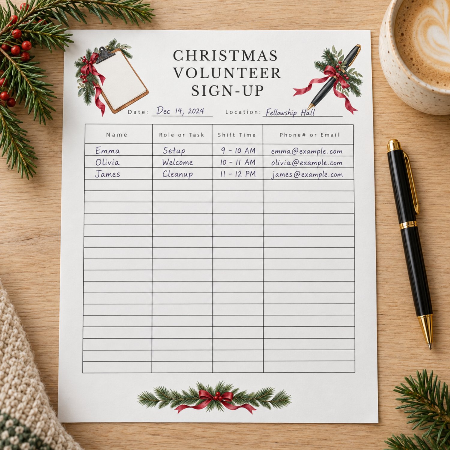 Portrait Christmas volunteer signup sheet with evergreen sprigs, red berries and ribbon, clipboard and pen illustrations, date and location spaces, and columns for name, role or task, shift time, and phone number or email.
