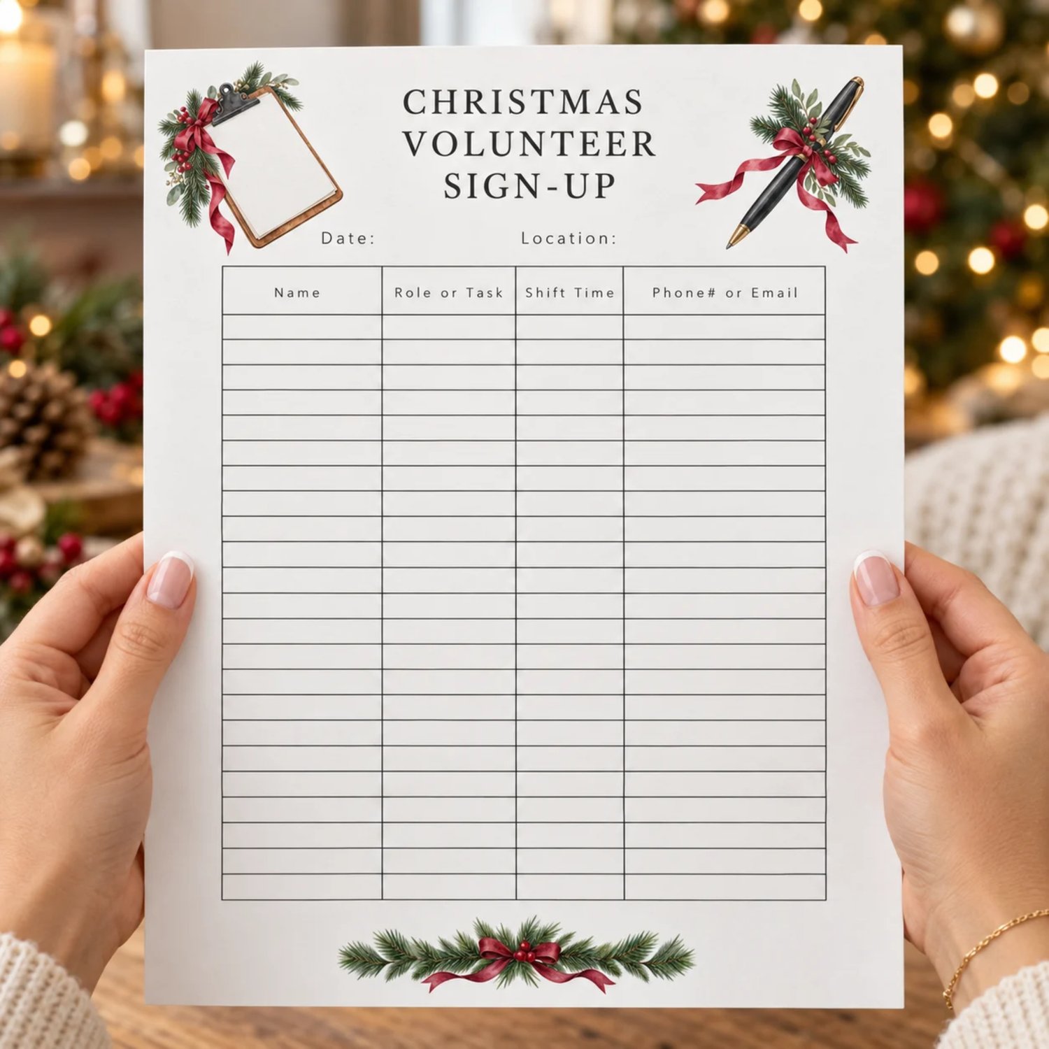 Portrait Christmas volunteer signup sheet with evergreen sprigs, red berries and ribbon, clipboard and pen illustrations, date and location spaces, and columns for name, role or task, shift time, and phone number or email.