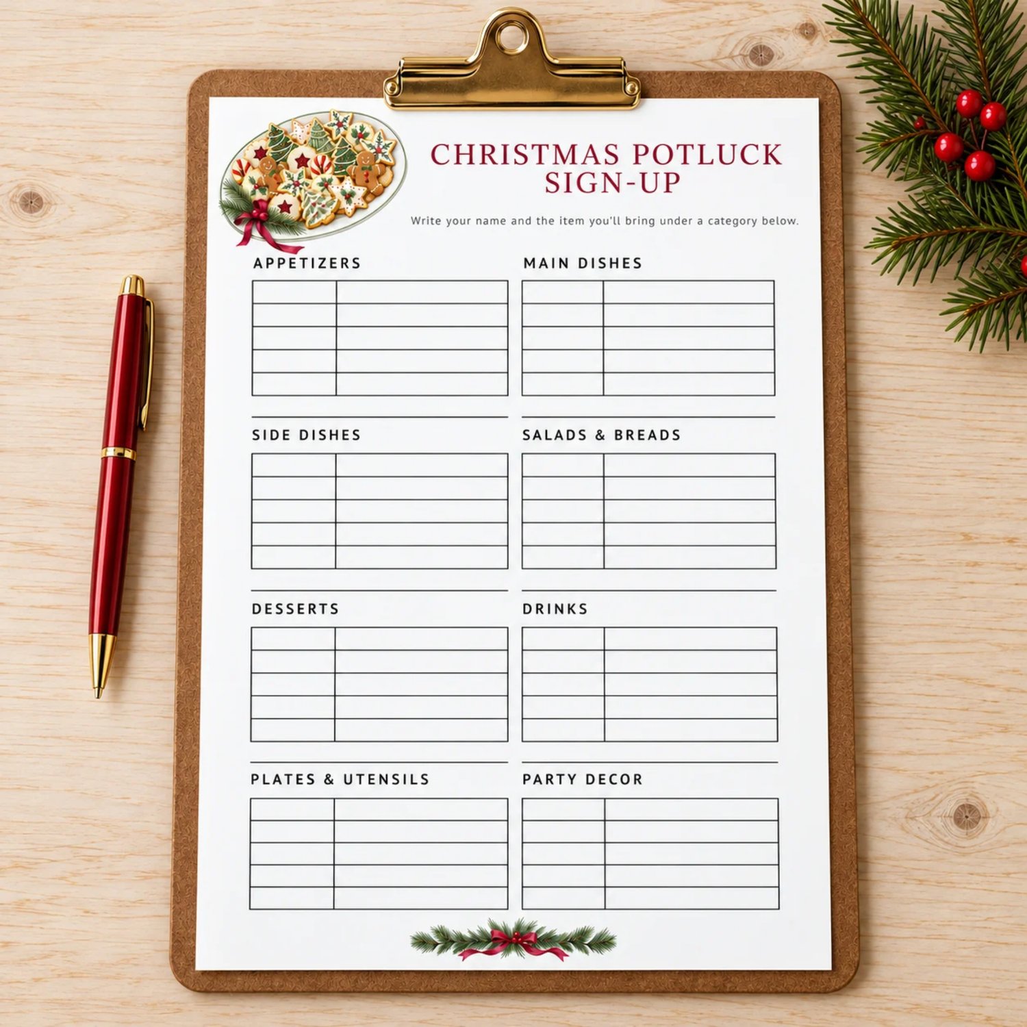 Portrait Christmas potluck sign-up sheet with eight food and supply categories, burgundy title, watercolor Christmas cookie platter, evergreen sprigs, red berries and ribbons on a white background.
