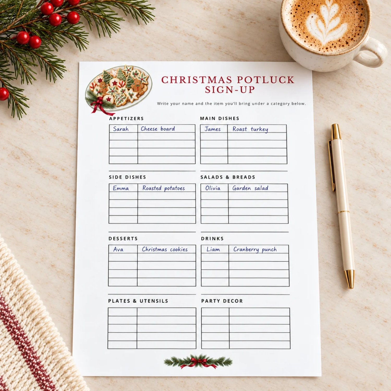 Portrait Christmas potluck sign-up sheet with eight food and supply categories, burgundy title, watercolor Christmas cookie platter, evergreen sprigs, red berries and ribbons on a white background.