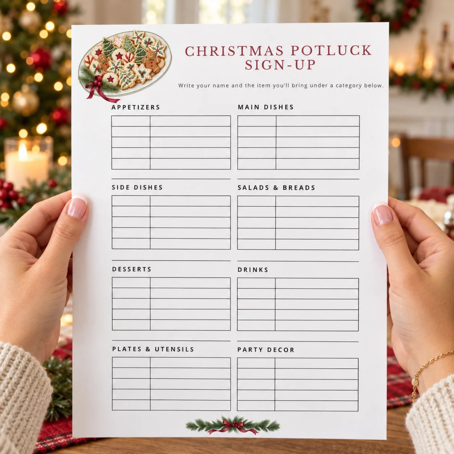 Portrait Christmas potluck sign-up sheet with eight food and supply categories, burgundy title, watercolor Christmas cookie platter, evergreen sprigs, red berries and ribbons on a white background.