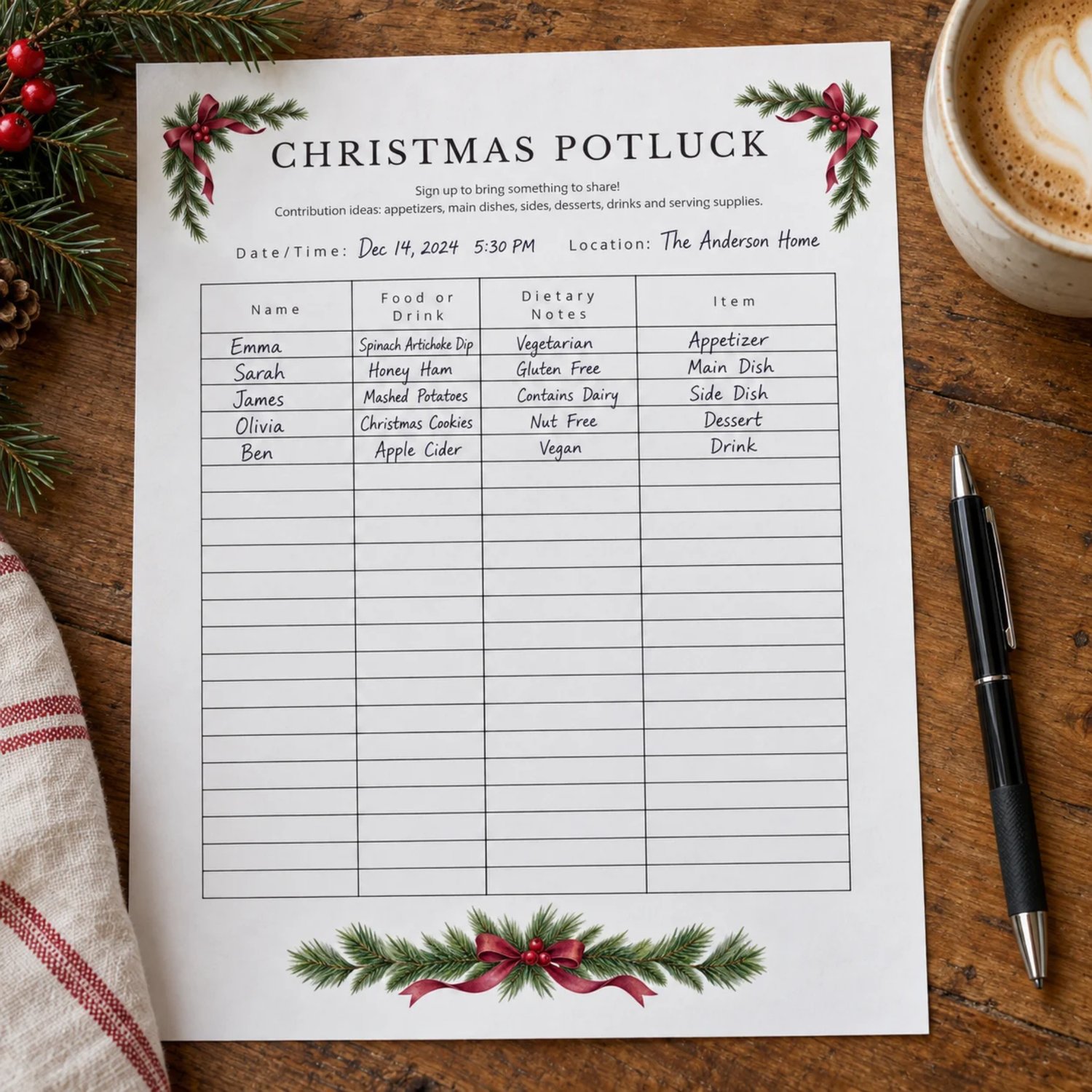 Portrait Christmas potluck sign up sheet with pine greenery, red berries and burgundy bows, date and location fields, and a four-column signup table.