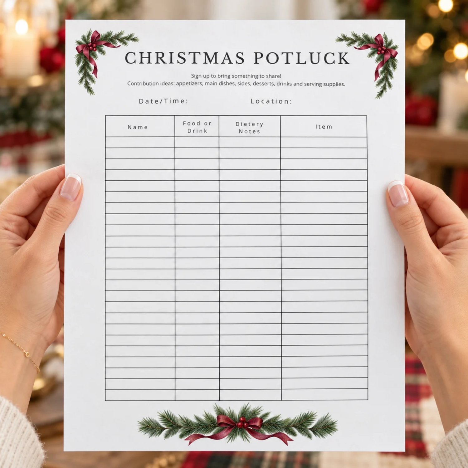 Portrait Christmas potluck sign up sheet with pine greenery, red berries and burgundy bows, date and location fields, and a four-column signup table.