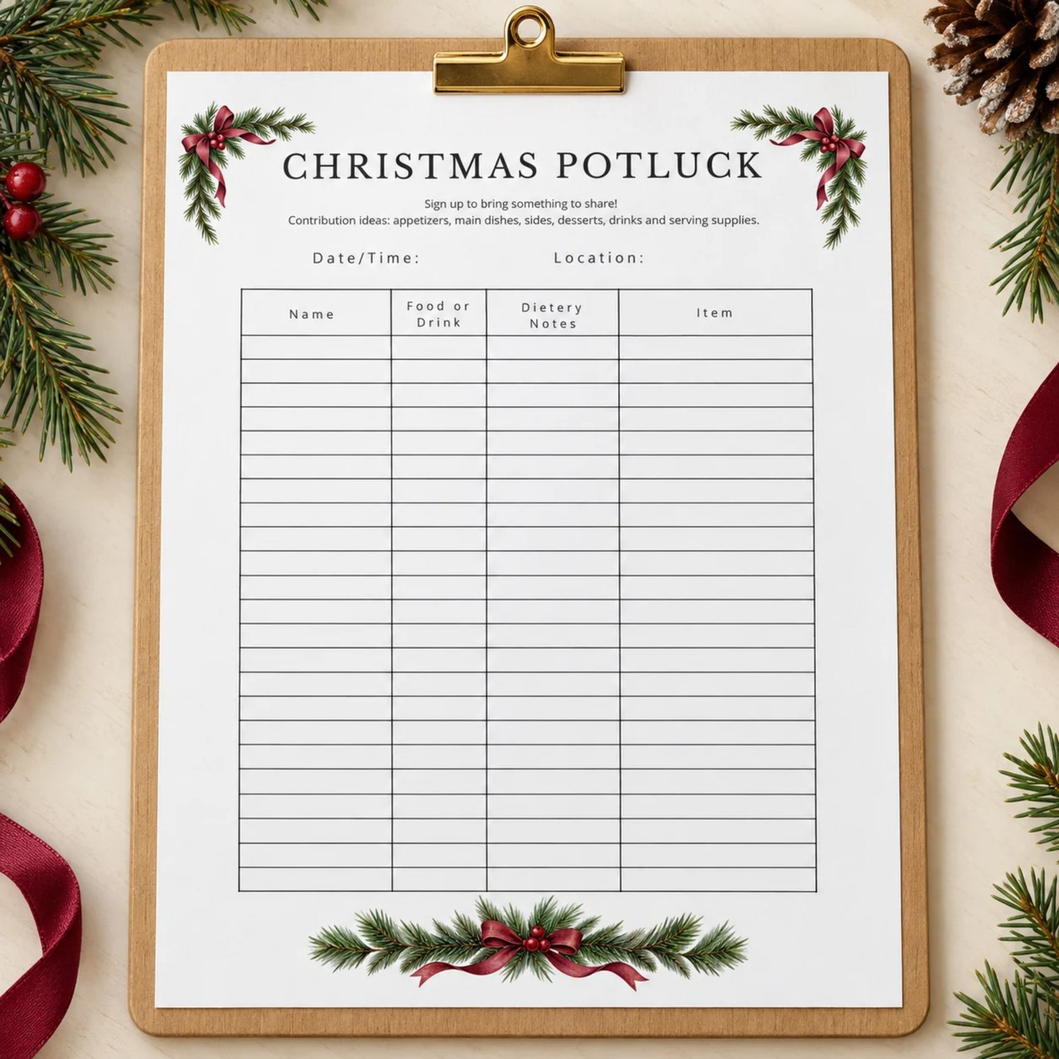 Portrait Christmas potluck sign up sheet with pine greenery, red berries and burgundy bows, date and location fields, and a four-column signup table.