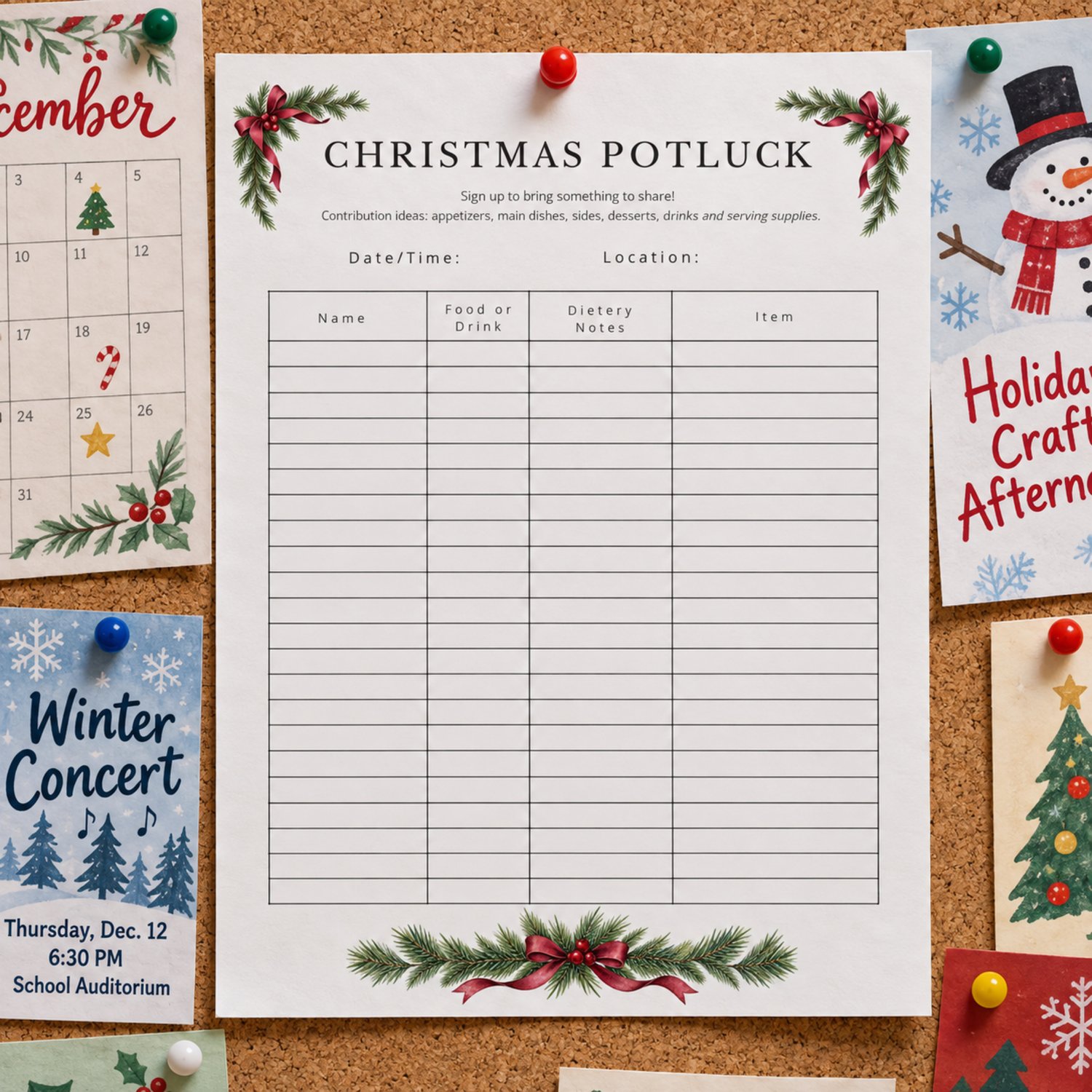 Portrait Christmas potluck sign up sheet with pine greenery, red berries and burgundy bows, date and location fields, and a four-column signup table.