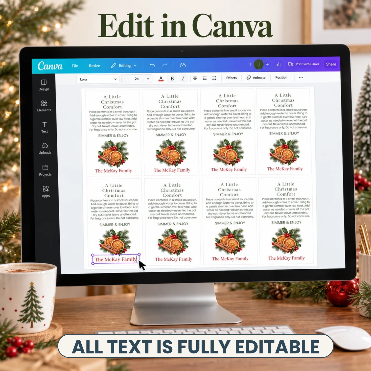 Sheet of eight rectangular Christmas simmer pot gift tags with green instructions, orange slices, cinnamon sticks, holly, evergreen and a red family name.