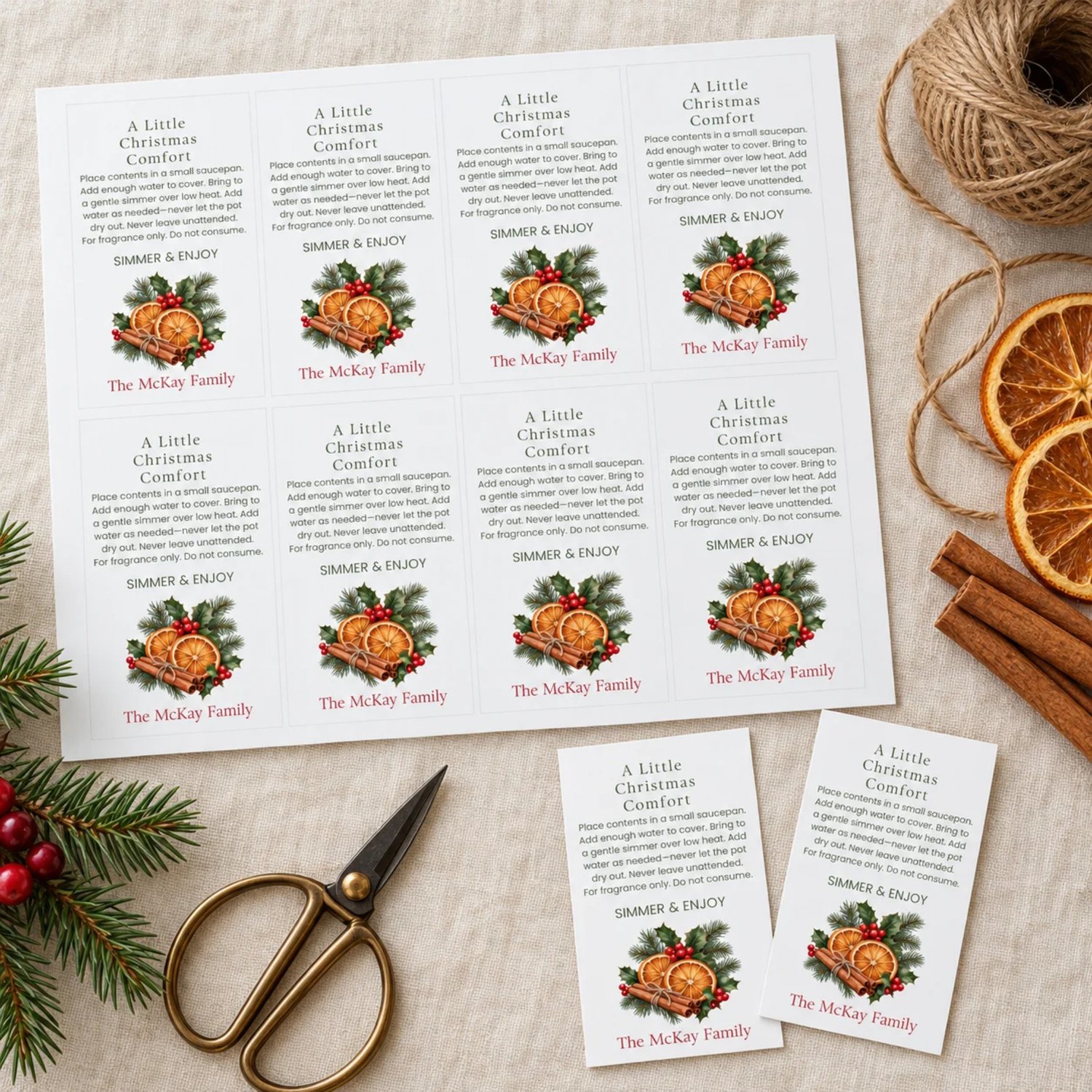Sheet of eight rectangular Christmas simmer pot gift tags with green instructions, orange slices, cinnamon sticks, holly, evergreen and a red family name.