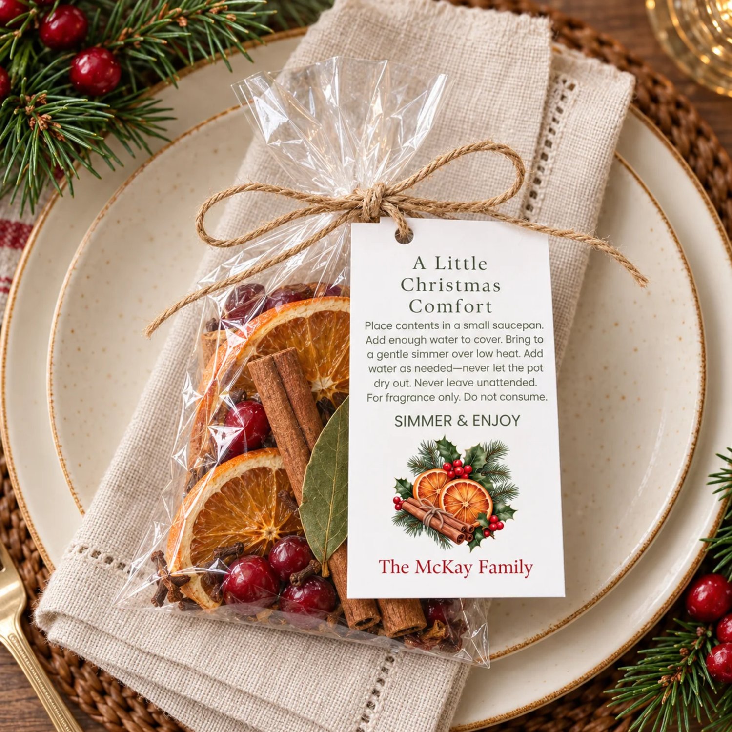 Sheet of eight rectangular Christmas simmer pot gift tags with green instructions, orange slices, cinnamon sticks, holly, evergreen and a red family name.