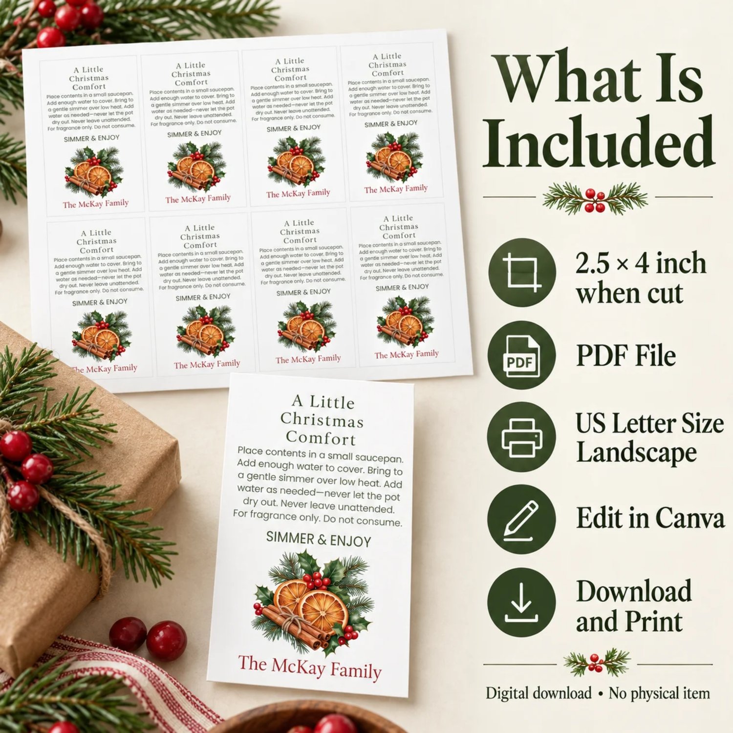 Sheet of eight rectangular Christmas simmer pot gift tags with green instructions, orange slices, cinnamon sticks, holly, evergreen and a red family name.