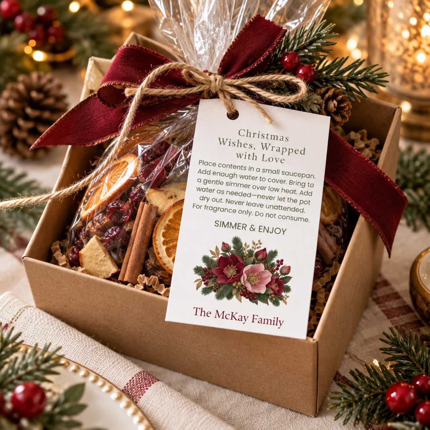 Sheet of eight rectangular Christmas simmer pot gift tags with burgundy and blush flowers, evergreen branches, berries, simmering directions and personalized family name.