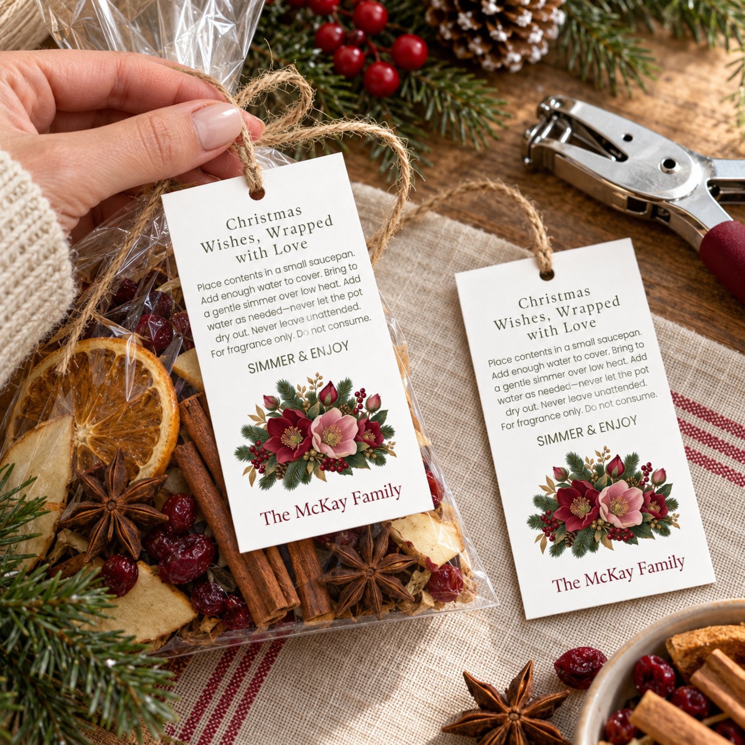 Sheet of eight rectangular Christmas simmer pot gift tags with burgundy and blush flowers, evergreen branches, berries, simmering directions and personalized family name.