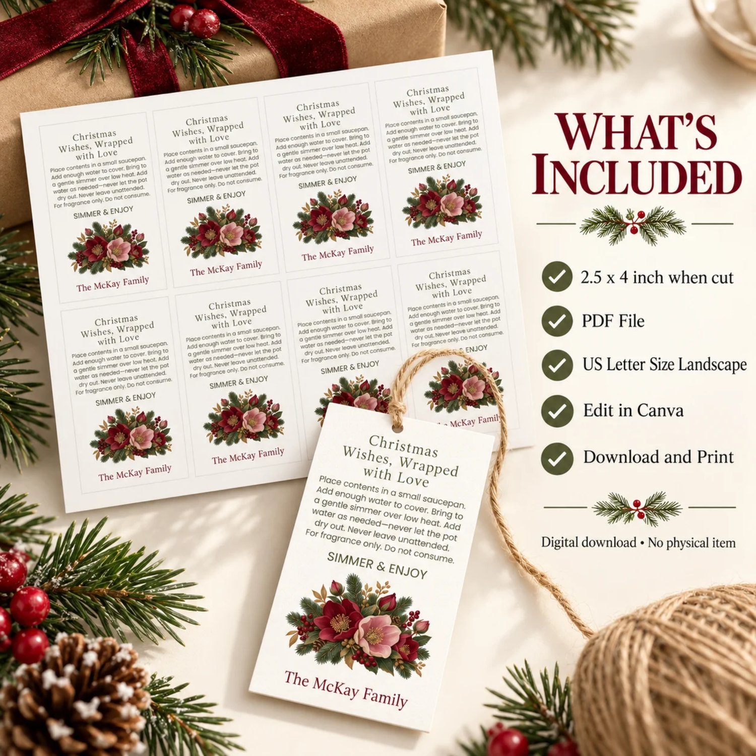 Sheet of eight rectangular Christmas simmer pot gift tags with burgundy and blush flowers, evergreen branches, berries, simmering directions and personalized family name.