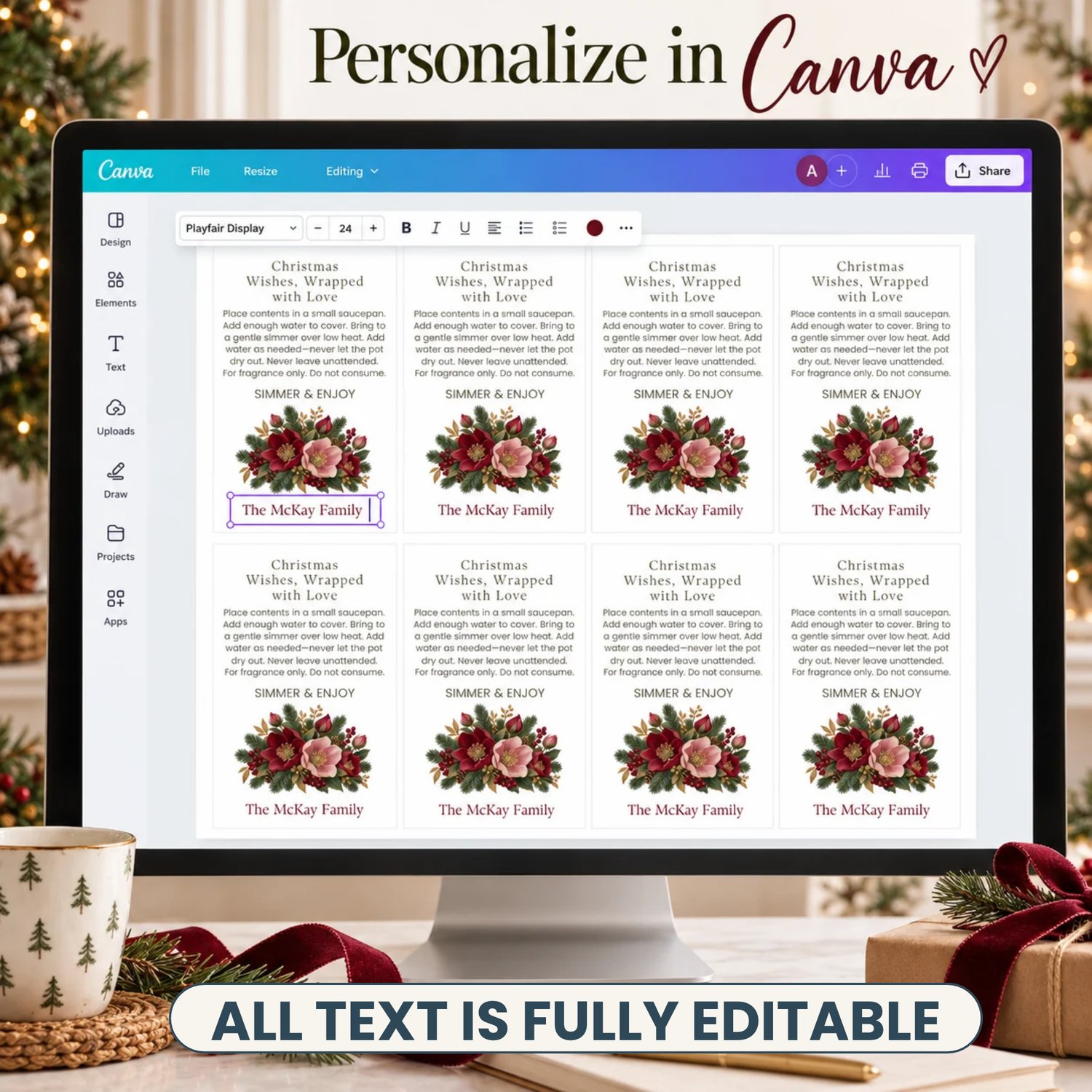 Sheet of eight rectangular Christmas simmer pot gift tags with burgundy and blush flowers, evergreen branches, berries, simmering directions and personalized family name.