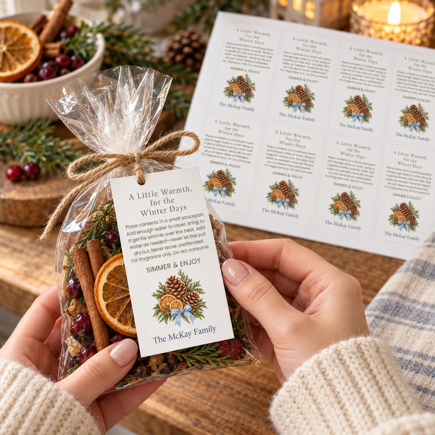 Landscape printable sheet of eight rectangular winter simmer pot gift tags with olive text, pinecones, dried orange slices, evergreen foliage and blue bows. Each includes simmering directions and a personalized family name.