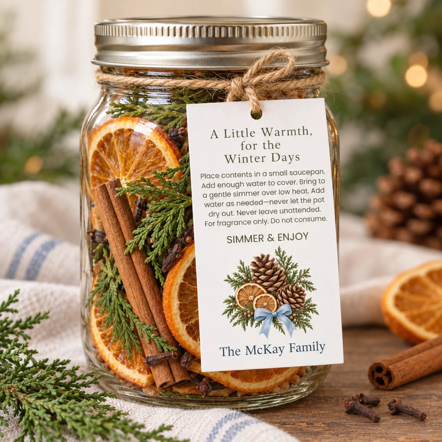 Landscape printable sheet of eight rectangular winter simmer pot gift tags with olive text, pinecones, dried orange slices, evergreen foliage and blue bows. Each includes simmering directions and a personalized family name.