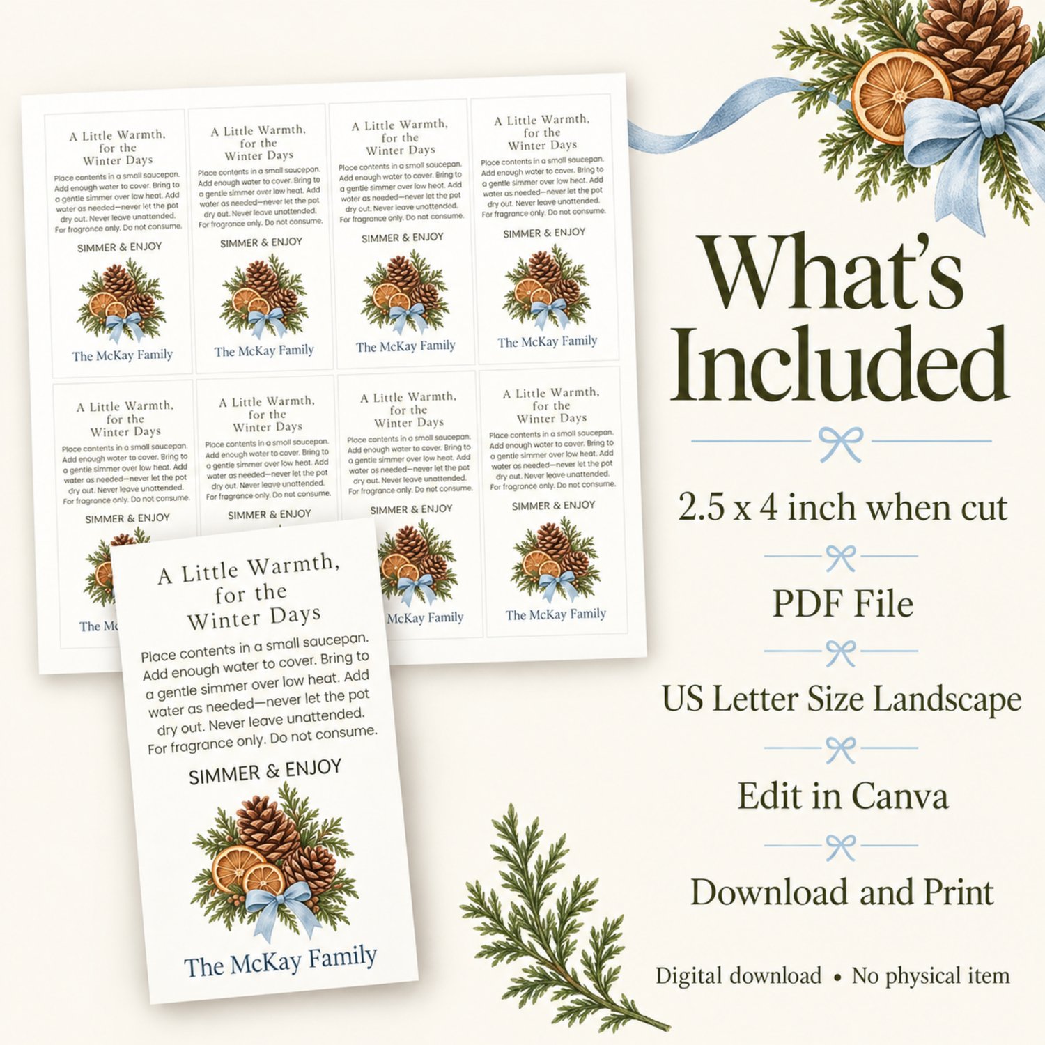 Landscape printable sheet of eight rectangular winter simmer pot gift tags with olive text, pinecones, dried orange slices, evergreen foliage and blue bows. Each includes simmering directions and a personalized family name.