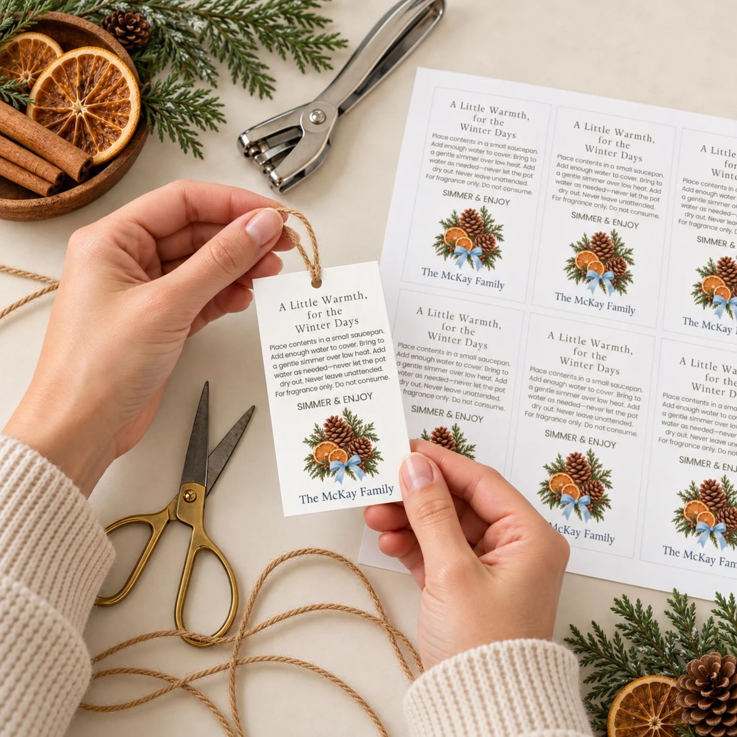 Landscape printable sheet of eight rectangular winter simmer pot gift tags with olive text, pinecones, dried orange slices, evergreen foliage and blue bows. Each includes simmering directions and a personalized family name.