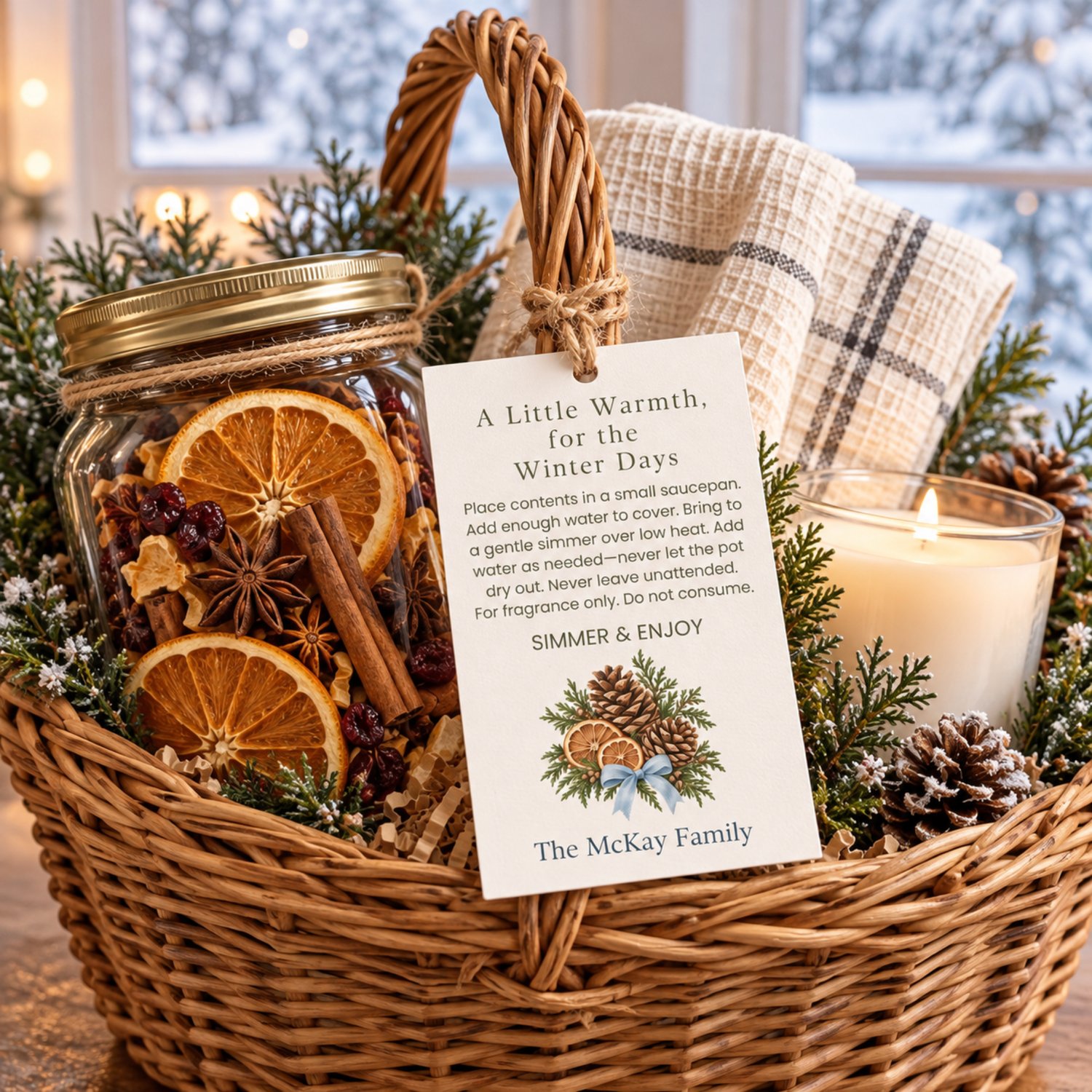 Landscape printable sheet of eight rectangular winter simmer pot gift tags with olive text, pinecones, dried orange slices, evergreen foliage and blue bows. Each includes simmering directions and a personalized family name.