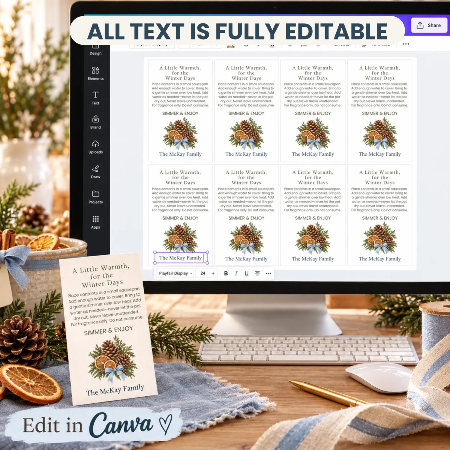 Landscape printable sheet of eight rectangular winter simmer pot gift tags with olive text, pinecones, dried orange slices, evergreen foliage and blue bows. Each includes simmering directions and a personalized family name.