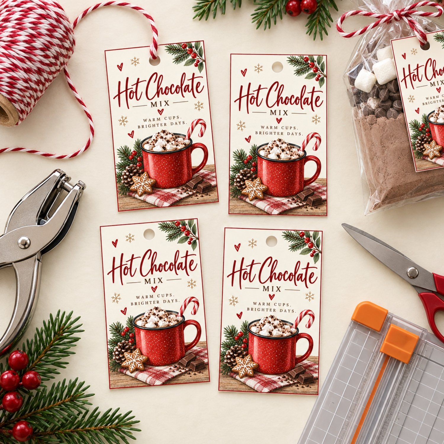 Printable Christmas hot chocolate mix gift tags featuring a festive red cocoa mug, marshmallows, candy cane, gingerbread cookie and winter greenery. Eight 2.5 × 4-inch tags are arranged on one US Letter sheet.