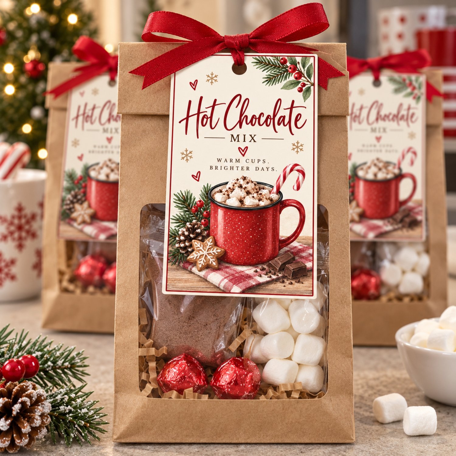 Printable Christmas hot chocolate mix gift tags featuring a festive red cocoa mug, marshmallows, candy cane, gingerbread cookie and winter greenery. Eight 2.5 × 4-inch tags are arranged on one US Letter sheet.