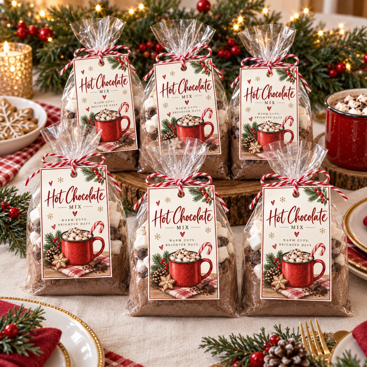 Printable Christmas hot chocolate mix gift tags featuring a festive red cocoa mug, marshmallows, candy cane, gingerbread cookie and winter greenery. Eight 2.5 × 4-inch tags are arranged on one US Letter sheet.