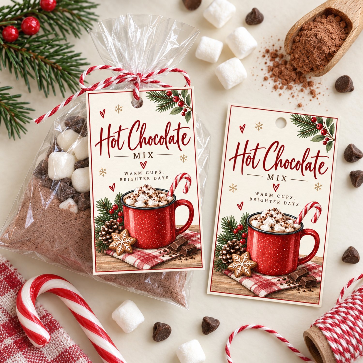 Printable Christmas hot chocolate mix gift tags featuring a festive red cocoa mug, marshmallows, candy cane, gingerbread cookie and winter greenery. Eight 2.5 × 4-inch tags are arranged on one US Letter sheet.