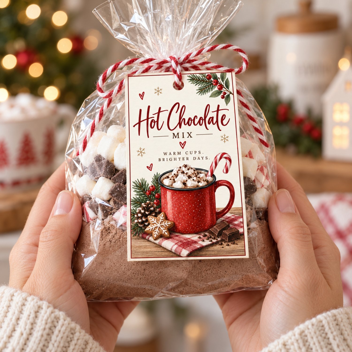 Printable Christmas hot chocolate mix gift tags featuring a festive red cocoa mug, marshmallows, candy cane, gingerbread cookie and winter greenery. Eight 2.5 × 4-inch tags are arranged on one US Letter sheet.