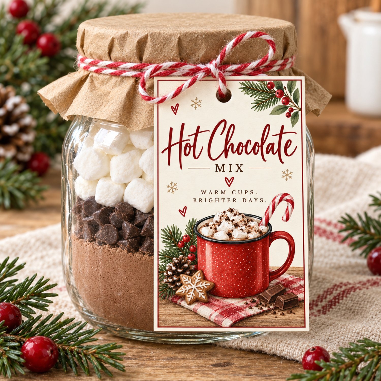 Printable Christmas hot chocolate mix gift tags featuring a festive red cocoa mug, marshmallows, candy cane, gingerbread cookie and winter greenery. Eight 2.5 × 4-inch tags are arranged on one US Letter sheet.