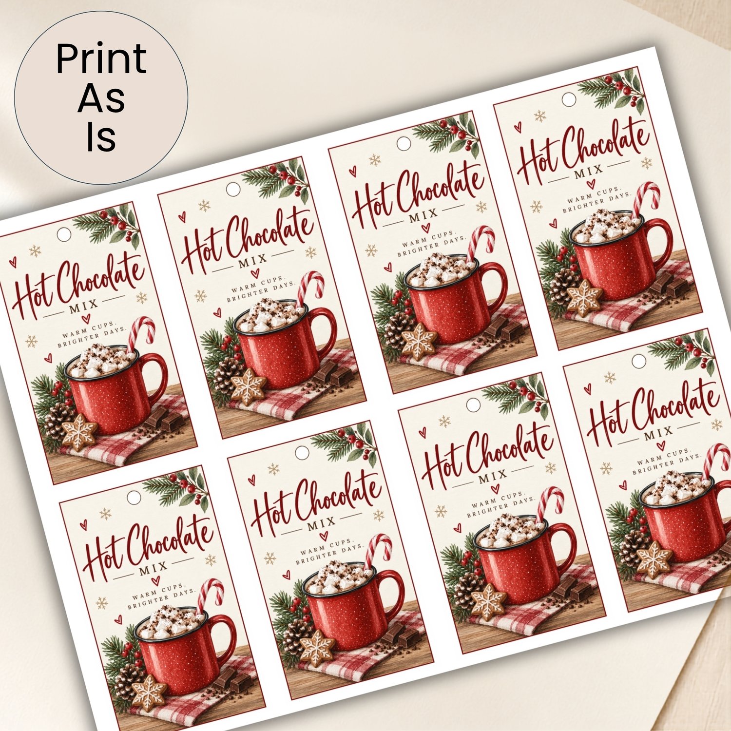 Printable Christmas hot chocolate mix gift tags featuring a festive red cocoa mug, marshmallows, candy cane, gingerbread cookie and winter greenery. Eight 2.5 × 4-inch tags are arranged on one US Letter sheet.