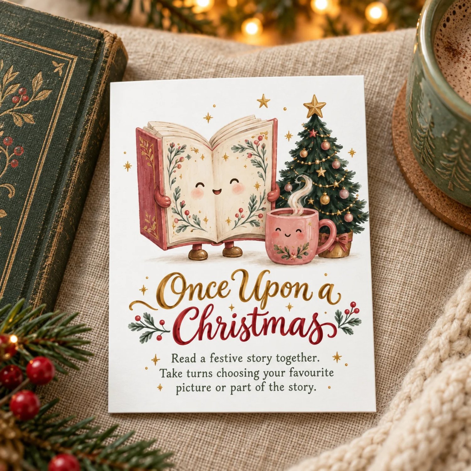 Thirty printable Christmas advent activity cards on five sheets, with cozy vintage-inspired illustrations of cottages, cocoa mugs, books, gifts and trees. Each card includes a family holiday activity.