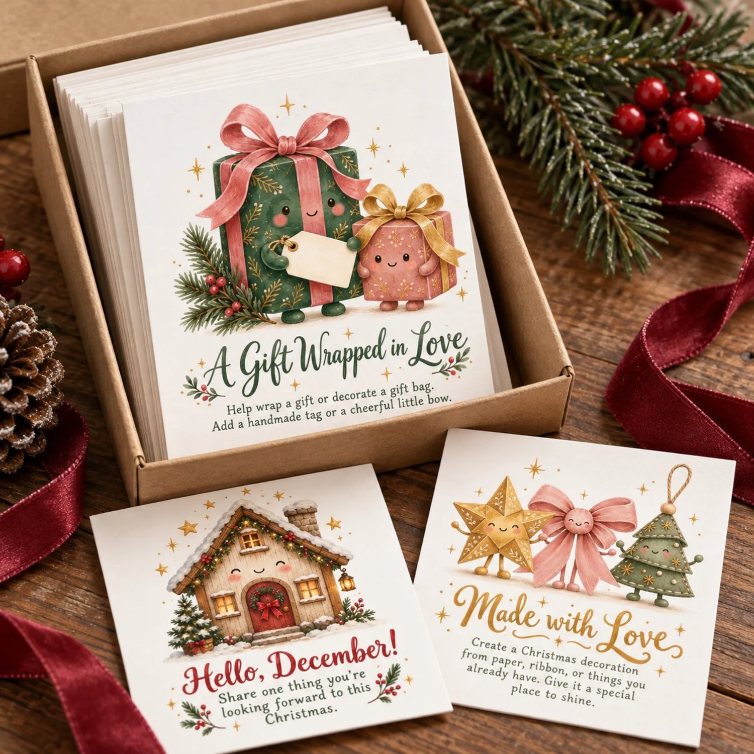 Thirty printable Christmas advent activity cards on five sheets, with cozy vintage-inspired illustrations of cottages, cocoa mugs, books, gifts and trees. Each card includes a family holiday activity.
