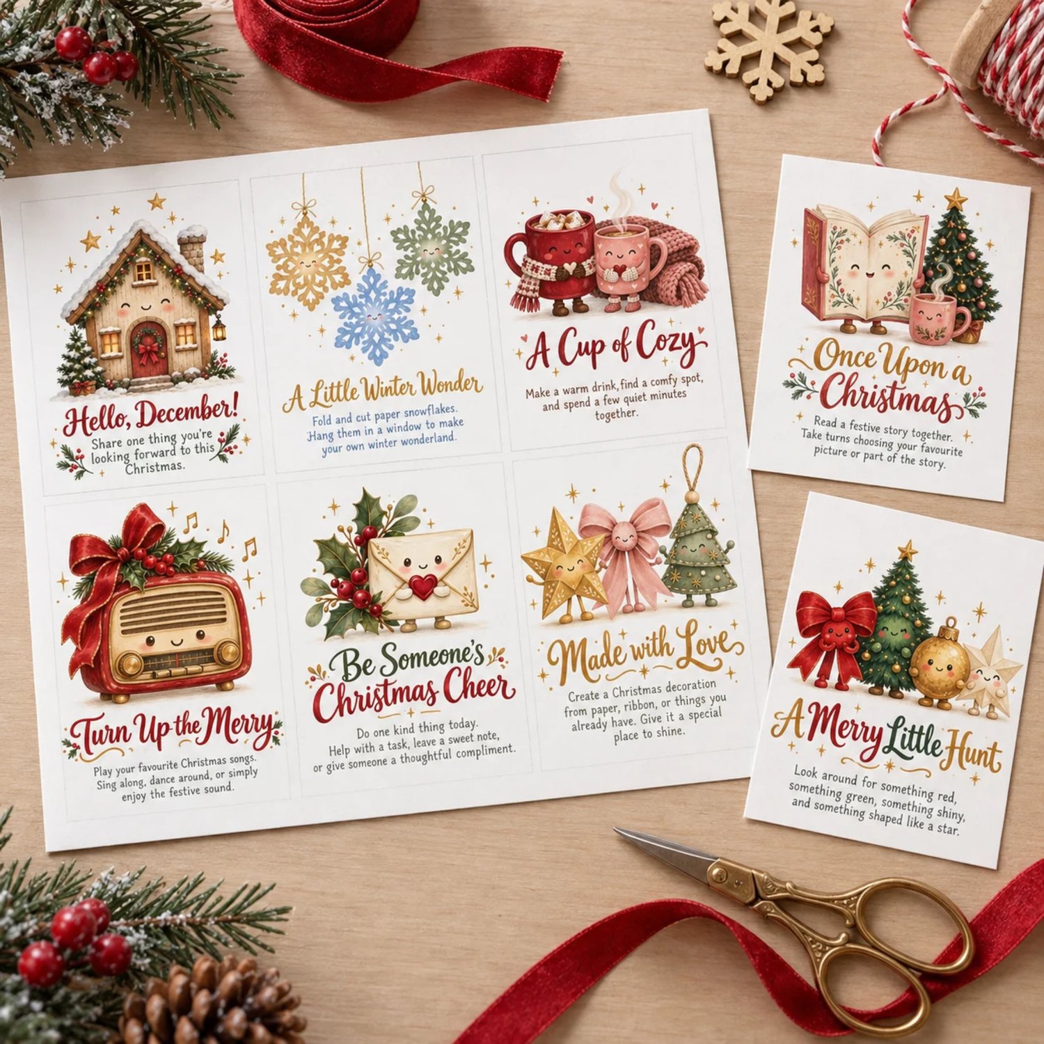 Thirty printable Christmas advent activity cards on five sheets, with cozy vintage-inspired illustrations of cottages, cocoa mugs, books, gifts and trees. Each card includes a family holiday activity.