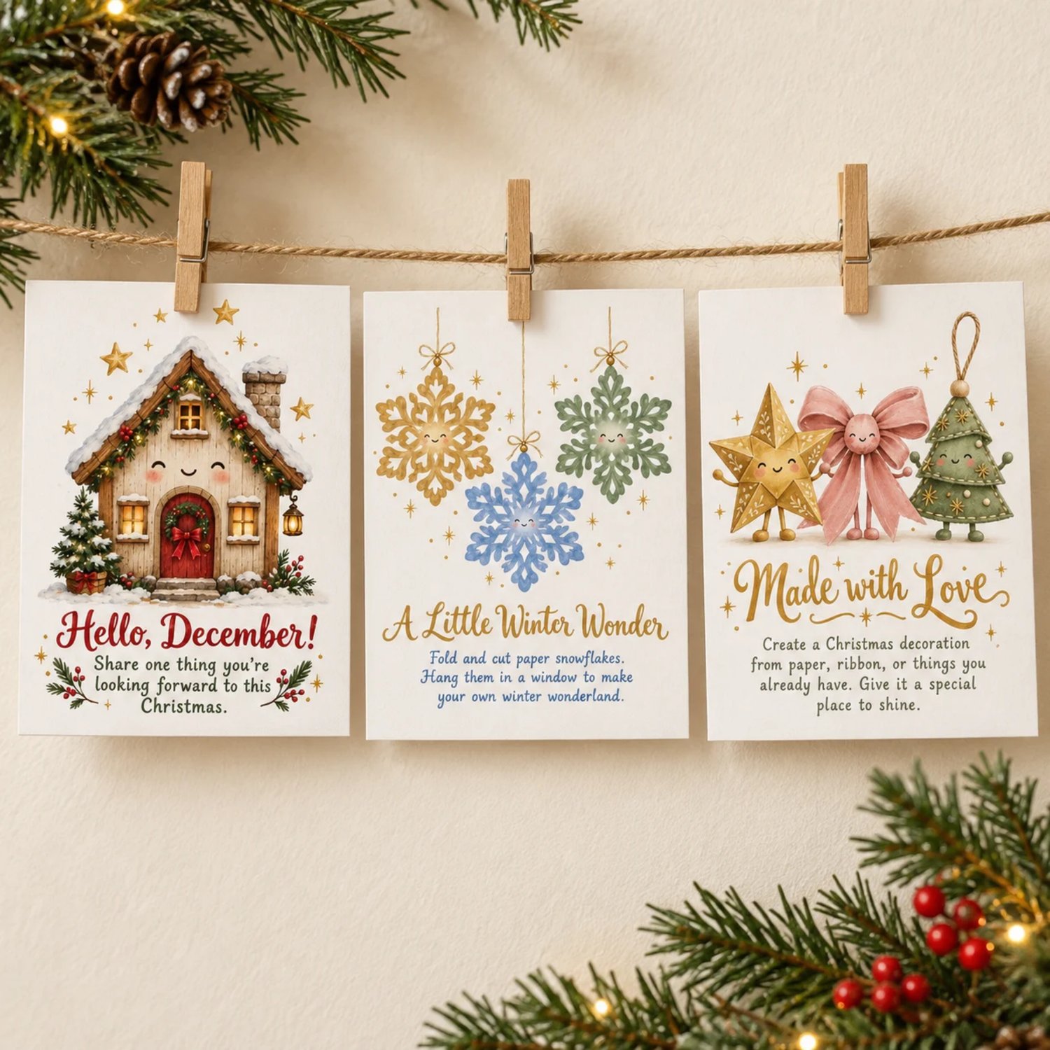 Thirty printable Christmas advent activity cards on five sheets, with cozy vintage-inspired illustrations of cottages, cocoa mugs, books, gifts and trees. Each card includes a family holiday activity.