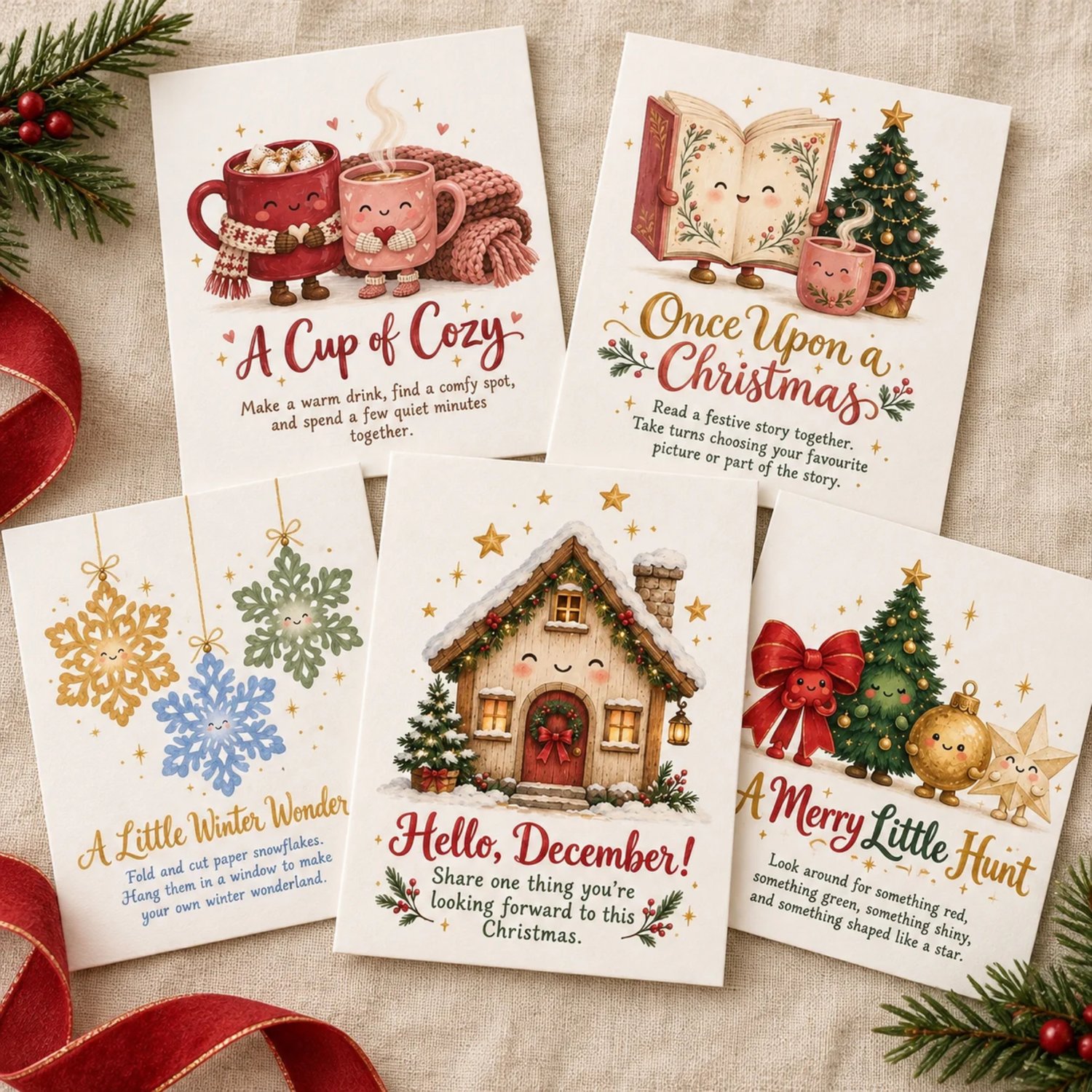 Thirty printable Christmas advent activity cards on five sheets, with cozy vintage-inspired illustrations of cottages, cocoa mugs, books, gifts and trees. Each card includes a family holiday activity.