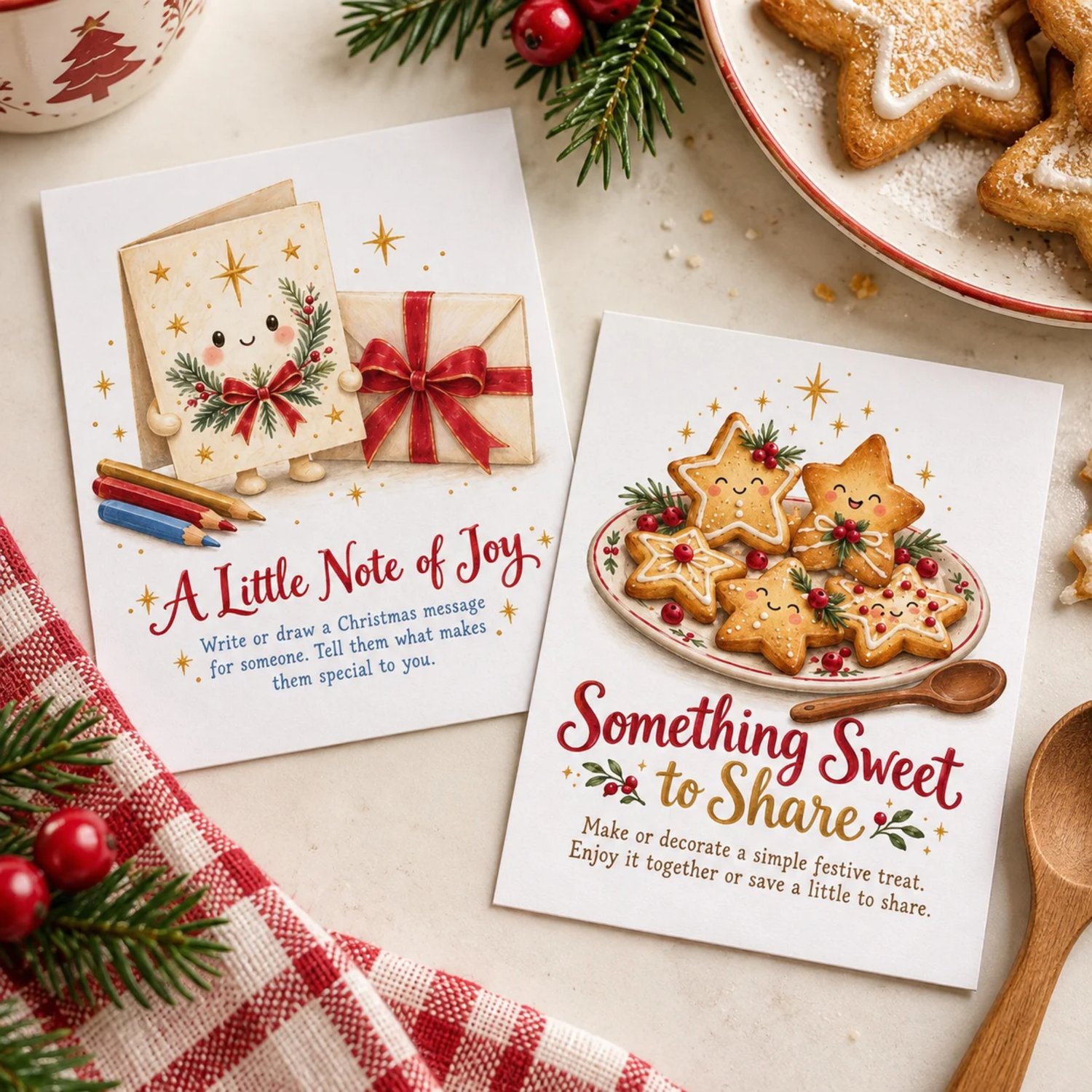 Thirty printable Christmas advent activity cards on five sheets, with cozy vintage-inspired illustrations of cottages, cocoa mugs, books, gifts and trees. Each card includes a family holiday activity.